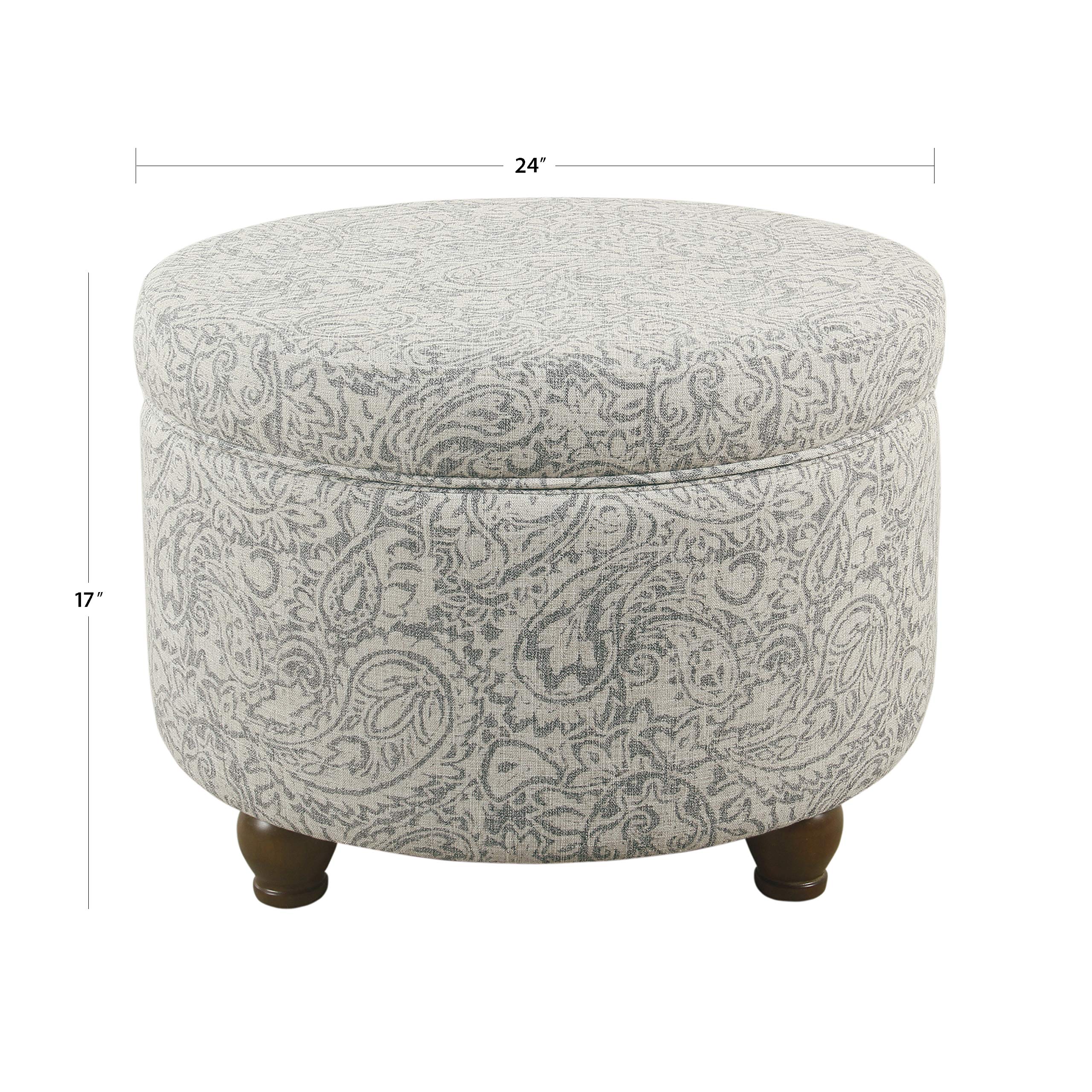 Homepop Round Upholstered Storage Ottoman - Gray Floral Fabric Footrest with Hidden Storage for Living Room & Bedroom | Perfect for Extra Seating & Home Organization