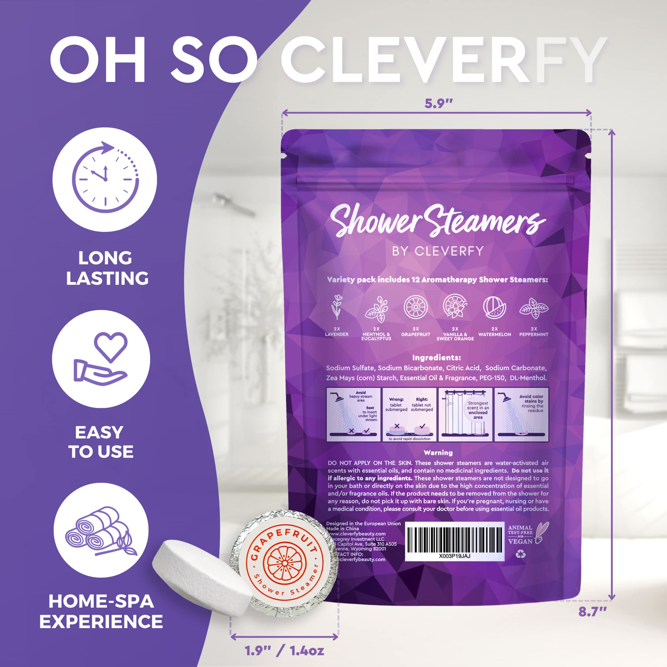 Cleverfy Aromatherapy Shower Steamers - 12-Piece Purple Variety Set | Relaxing Bath Bombs for Stress Relief & Spa Experience