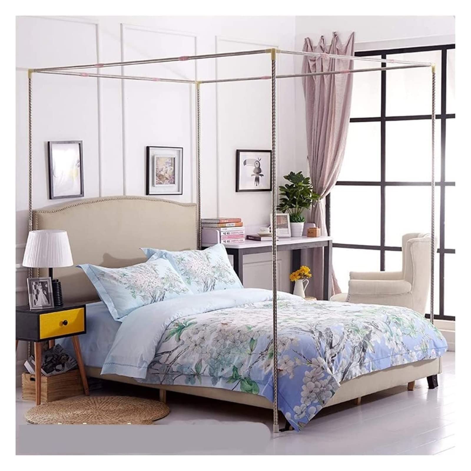 Stainless Steel Mosquito Net Canopy Frame for Bed - 4 Corner Bracket Fits Twin/Full/Queen/King Size Beds (Includes Anti-Shake Tool) - 25mm Silver, 1.2x2m - Perfect for Outdoor Camping & Indoor Bedroom Protection