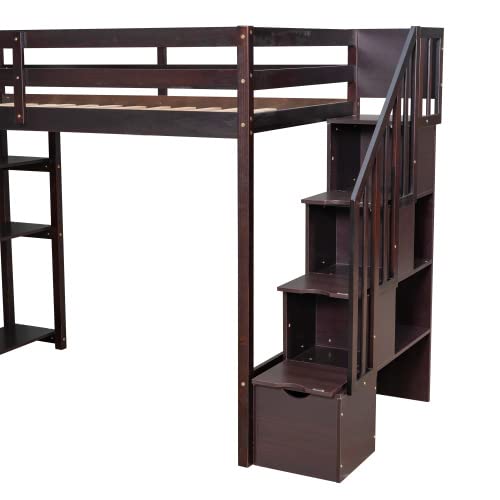 **Solid Wood Twin Loft Bed with Stairs, Storage Drawers & Shelves - Modern Espresso Loft Bed Frame for Kids, Teens & Adults - Perfect for Small Rooms, Dorms & Apartments**