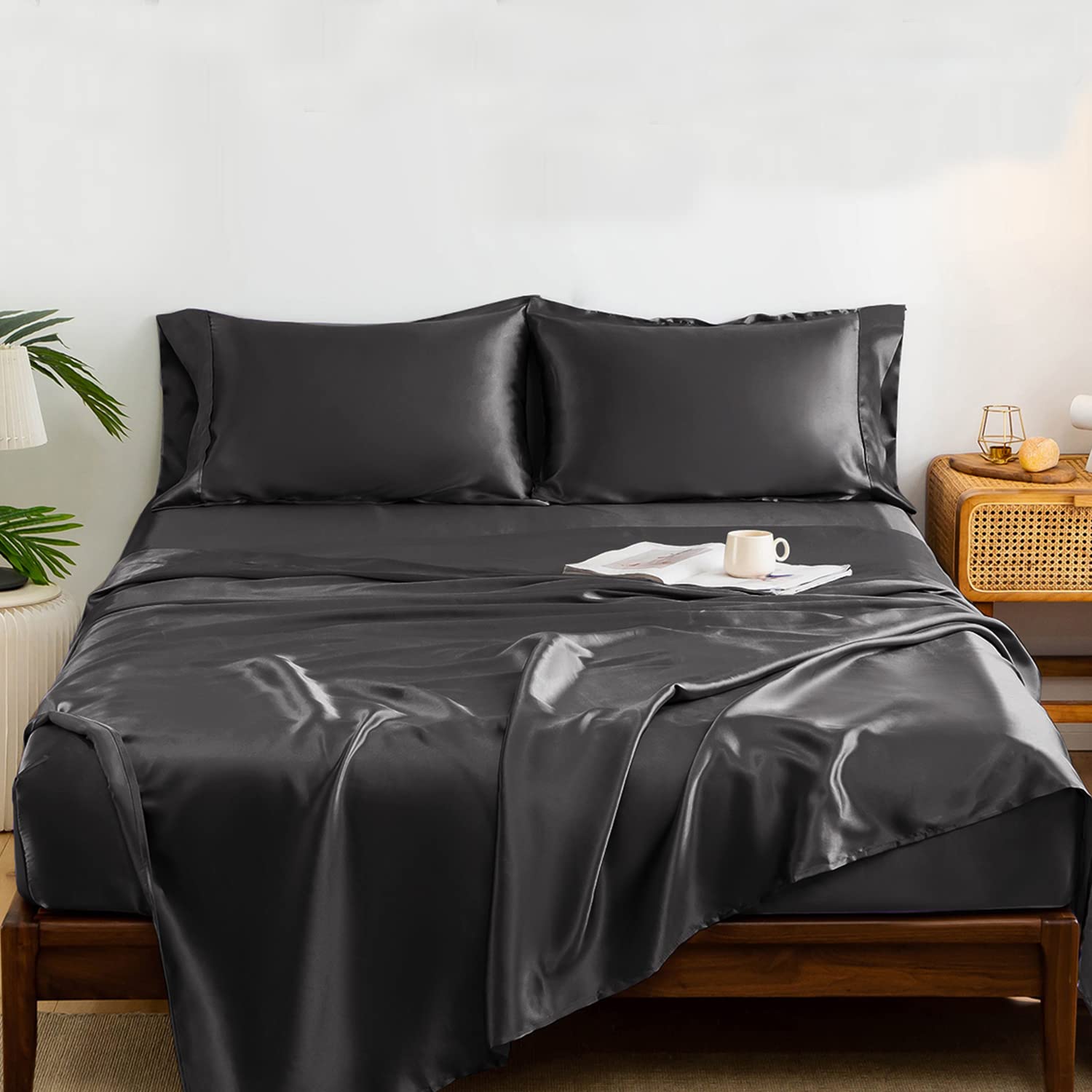 Luxury Satin Sheets King Size - 4 Piece Silky Soft Bed Sheet Set with Deep Pocket (1 Fitted Sheet, 1 Flat Sheet, 2 Pillowcases) - Wrinkle & Stain Resistant - Dark Gray - Perfect for Master Bedroom, Guest Room & Hotel Luxury Bedding