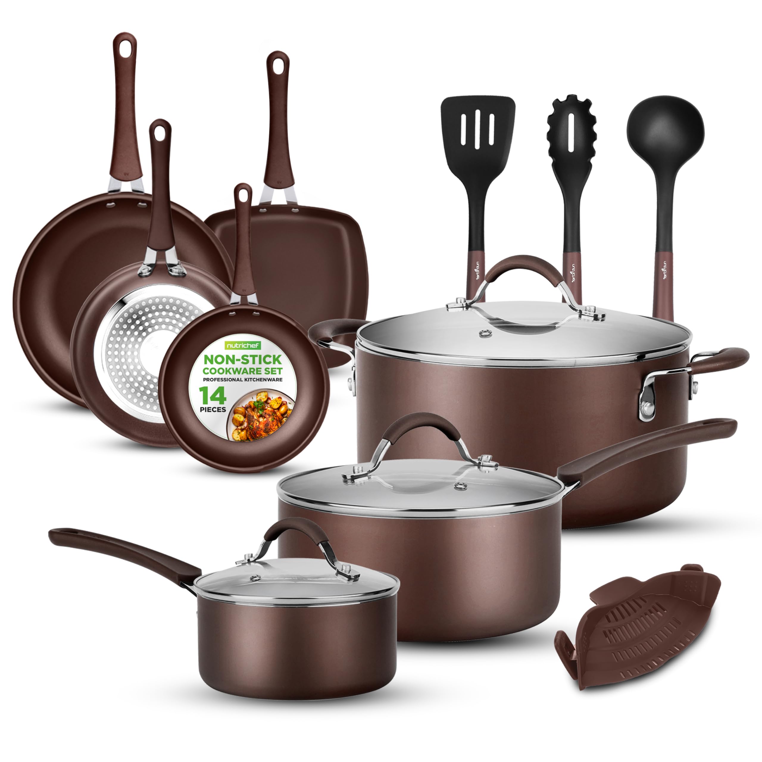 NutriChef 14-Piece Non-Stick Kitchen Cookware Set - Premium Pots & Pans for Cooking, Frying & Boiling - Perfect for Home Chefs & Everyday Meal Prep