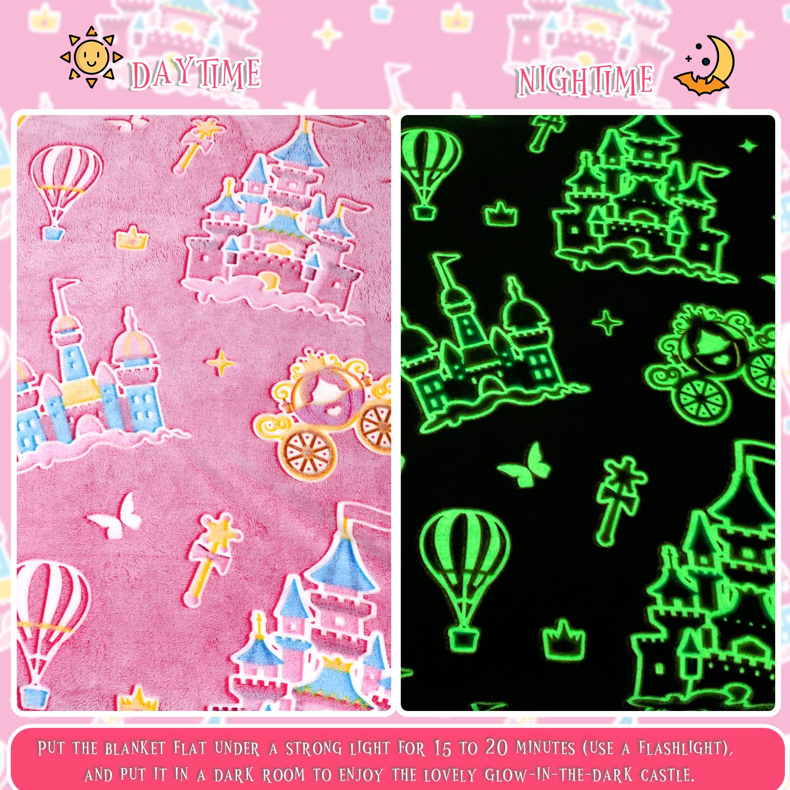 BORORO Princess Blanket for Girls - Glow in The Dark Pink Castle Blanket, Soft & Cozy Birthday Gift for Toddlers, Kids, Women | Perfect for Bedtime, Movie Nights & Princess-Themed Parties