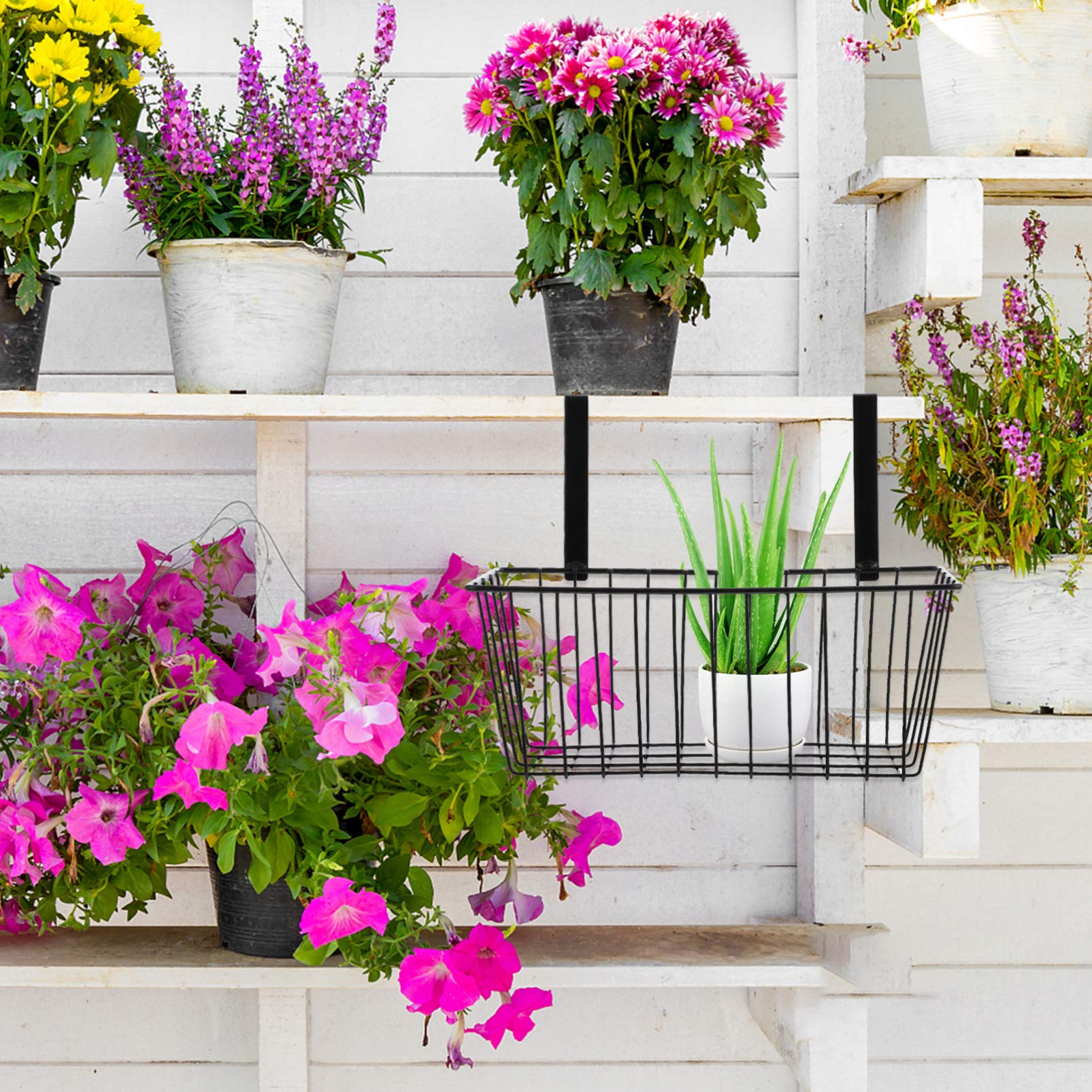 PRETYZOOM Metal Wall Hanging Planter Baskets - Decorative Flower Pot Holder for Succulents, Herbs & Small Plants - Sturdy Railing Grid Panel with Wire Basket - Perfect for Balcony, Garden & Indoor Vertical Gardening
