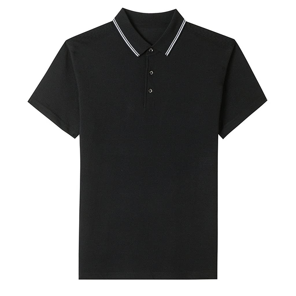 JJZXC Men's Cotton Polo Shirt - Breathable Short Sleeve Summer T-Shirt with Button Collar - Solid Color Casual Shirt for Men (Black, XL) - Perfect for Golf, Office & Outdoor Activities
