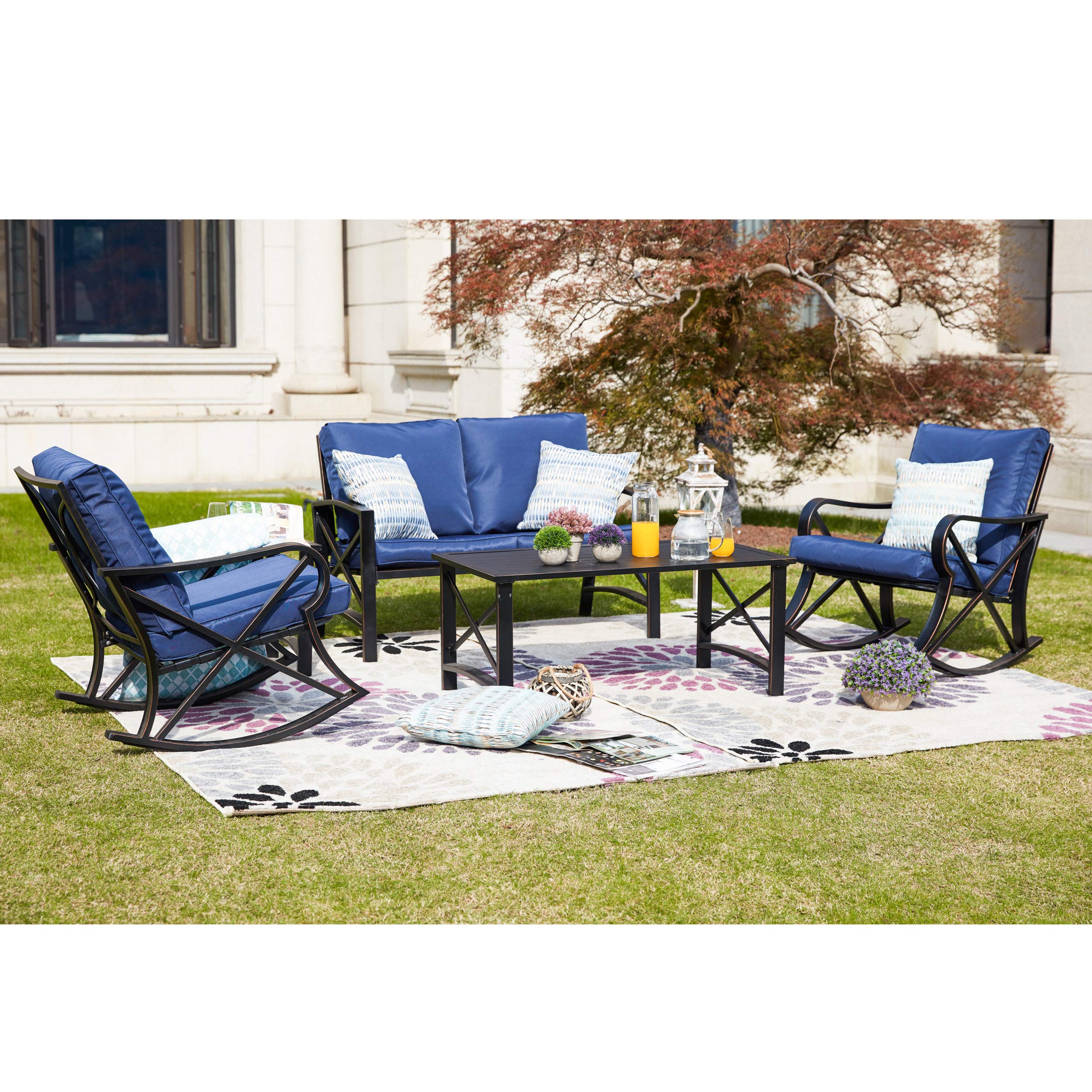 LOKATSE HOME 5-Piece Patio Furniture Set - Blue Bistro Loveseat, 2 Coffee Tables & 5 Chairs for Outdoor Conversation | Perfect for Garden, Backyard, Poolside & Balcony Relaxation