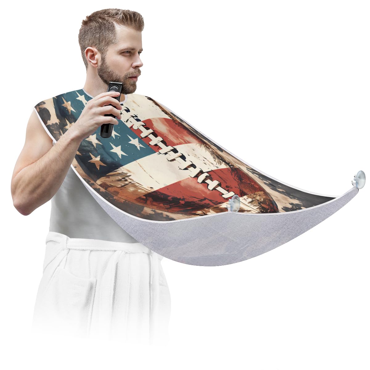 American Flag Football Beard Shaving Bib for Men - Waterproof Barber Apron for Hair Dye, Makeup & Beard Trimming - Sink Hair Catcher & Grooming Accessory - Perfect Gift for Barbers & Stylists (Great for Home Grooming, Salon Use & Sports Fan Gifts)