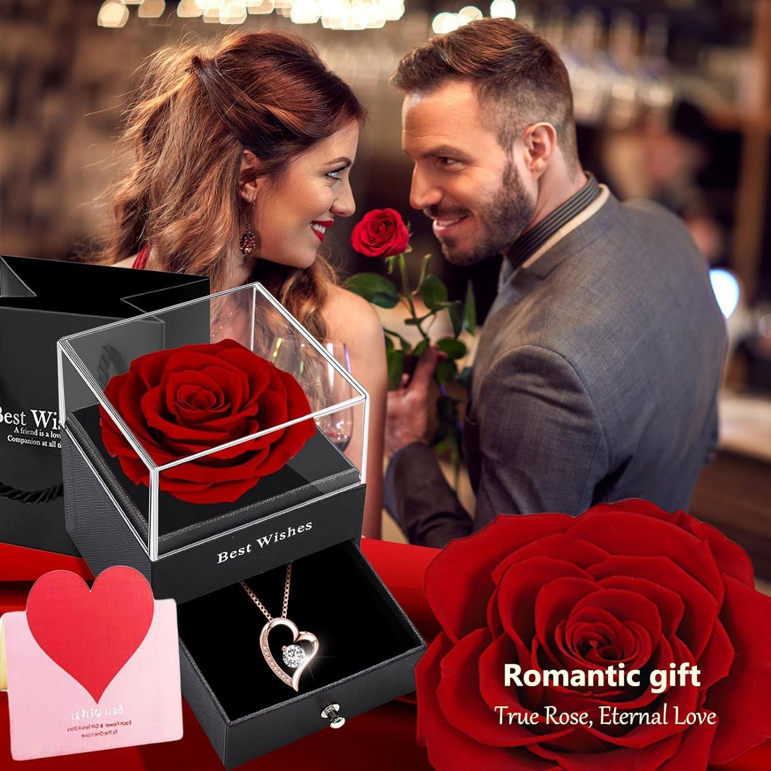 SWEETIME Eternal Rose Gift Box with 925 Sterling Silver Heart Necklace - Preserved Real Roses Jewelry Set for Women, Romantic Anniversary & Valentine's Day Present - Perfect for Birthday Surprise, Wedding Proposal & Romantic Date Night