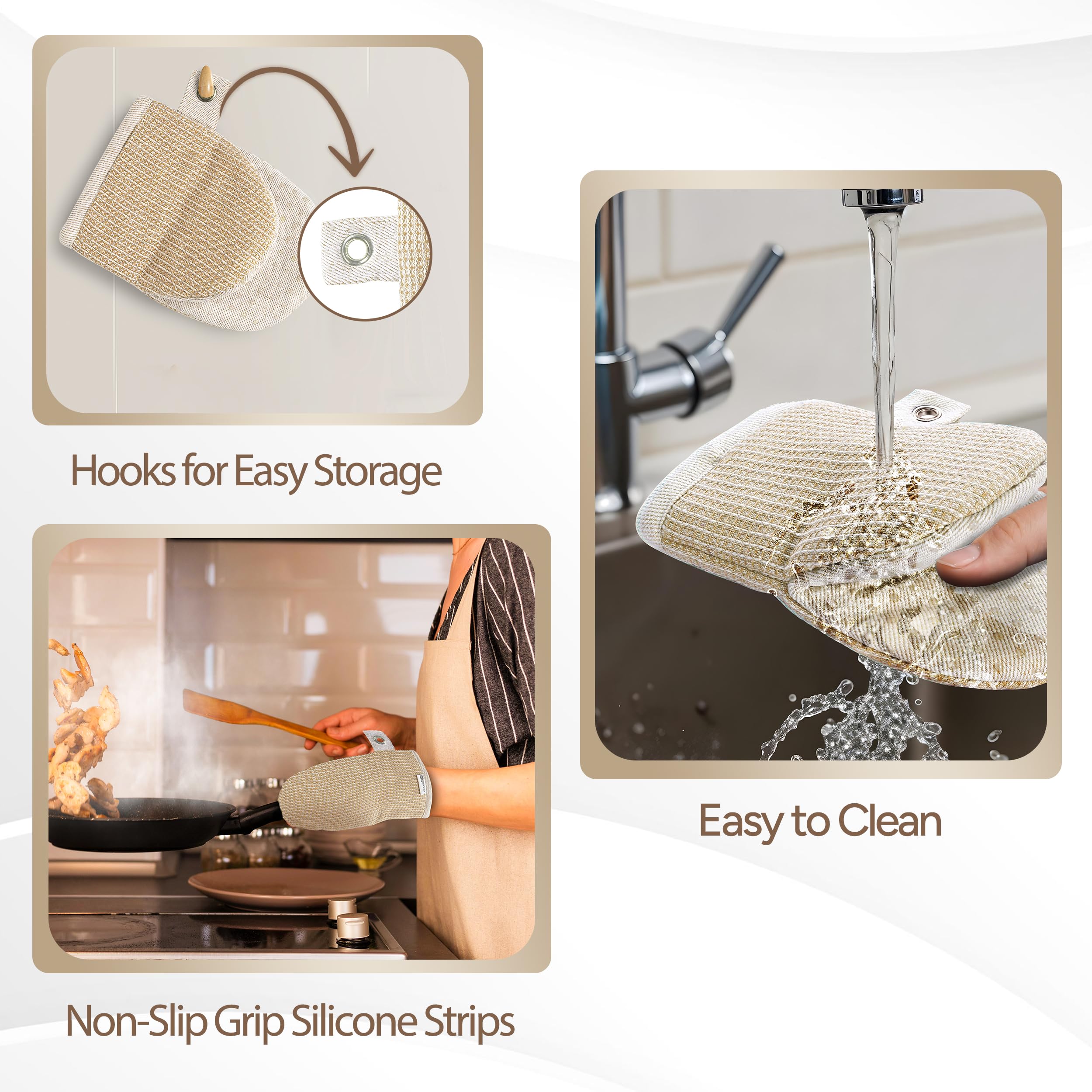 Premium 4-Piece Mini Oven Mitts & Silicone Pot Holders Set - Heat Resistant Up to 500°F for Cooking, Baking & BBQ - Non-Slip Kitchen Hot Pads - Machine Washable Beige - Perfect for Grilling, Baking Cookies & Handling Hot Pots