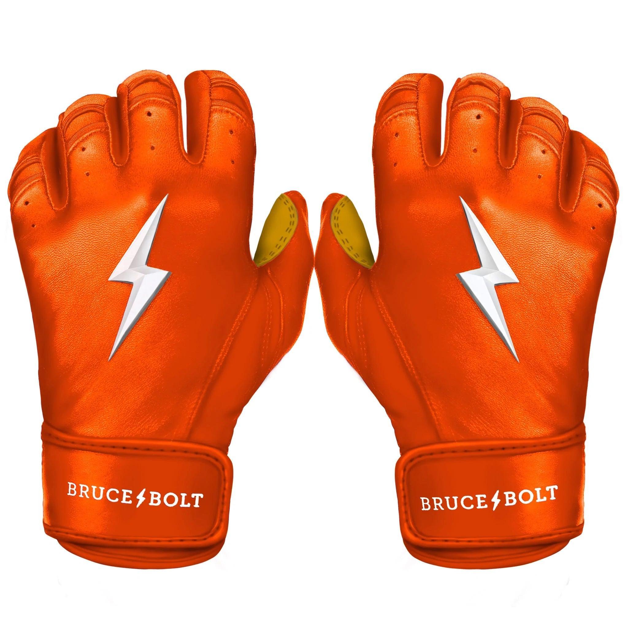 Bruce Bolt PREMIUM PRO Short Cuff Batting Gloves for Baseball & Softball - Orange Color | Durable Grip, Comfort Fit for Hitting, Fielding & Training | Perfect for Players, Coaches & Fans