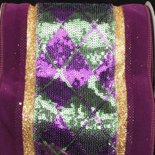 Sparkling Velvet Argyle Purple Green Gold Wired Craft Ribbon - 6 Inch x 10 Yards for Gift Wrapping, DIY Decorations, Holiday Crafts & Party Supplies