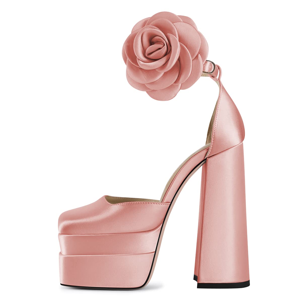 FSJ Women's Chunky Heel Ankle Strap Sandals - Square Toe Satin Party Pumps with Floral Detail (US Size 4-15) | Perfect for Club Nights, Weddings & Evening Dresses