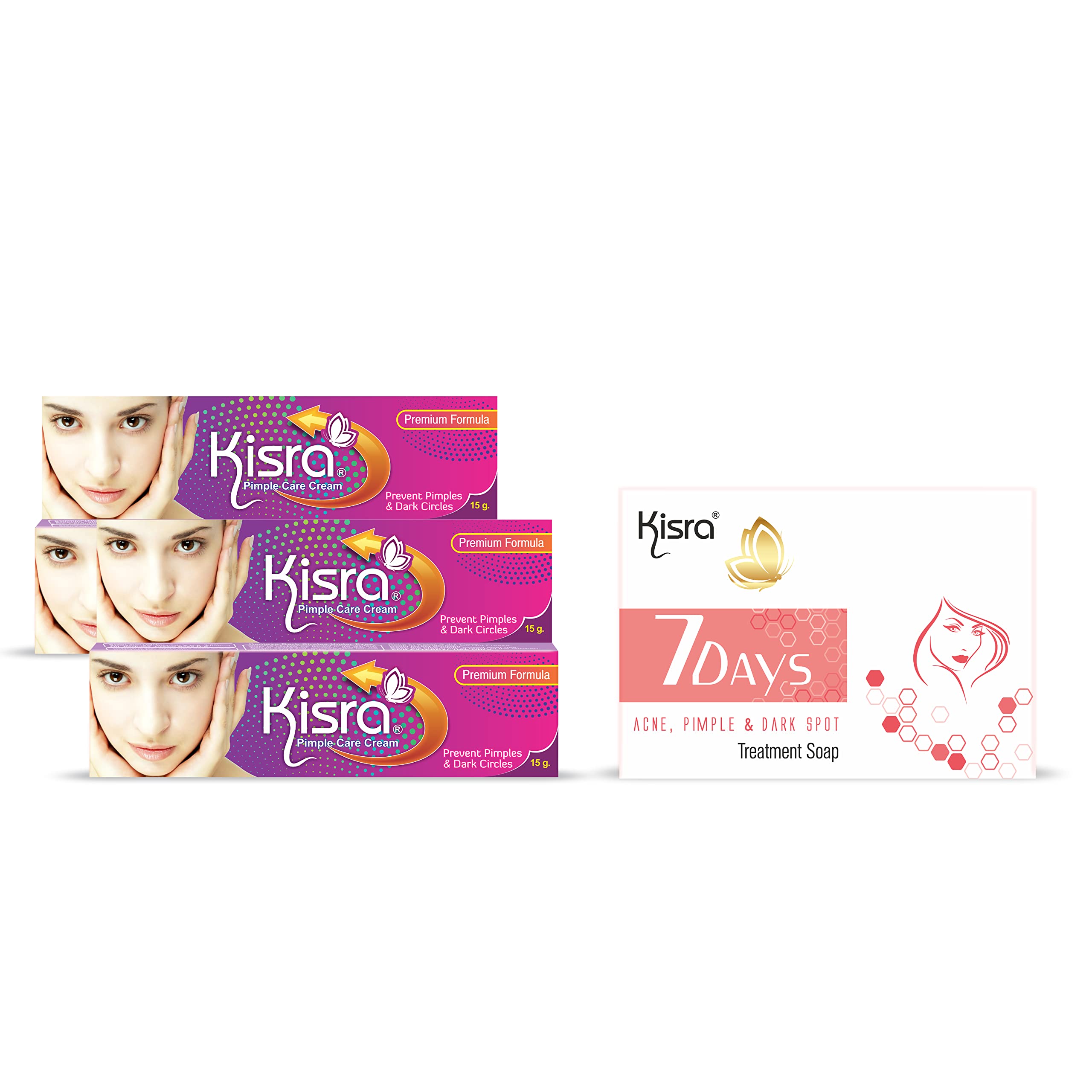 Kisra 7-Day Acne Treatment Soap & Pimple Prevention Cream Set (1 Soap + 2 Creams) - Fights Acne, Pimples & Dark Spots - Perfect for Daily Skincare Routine & Travel