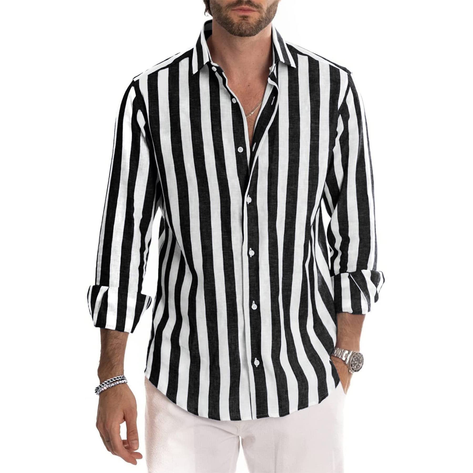 Men's Striped Casual Button Down Shirt - Long Sleeve Cotton Henley Dress Shirt for Beach, Office & Everyday Wear | Breathable & Comfortable