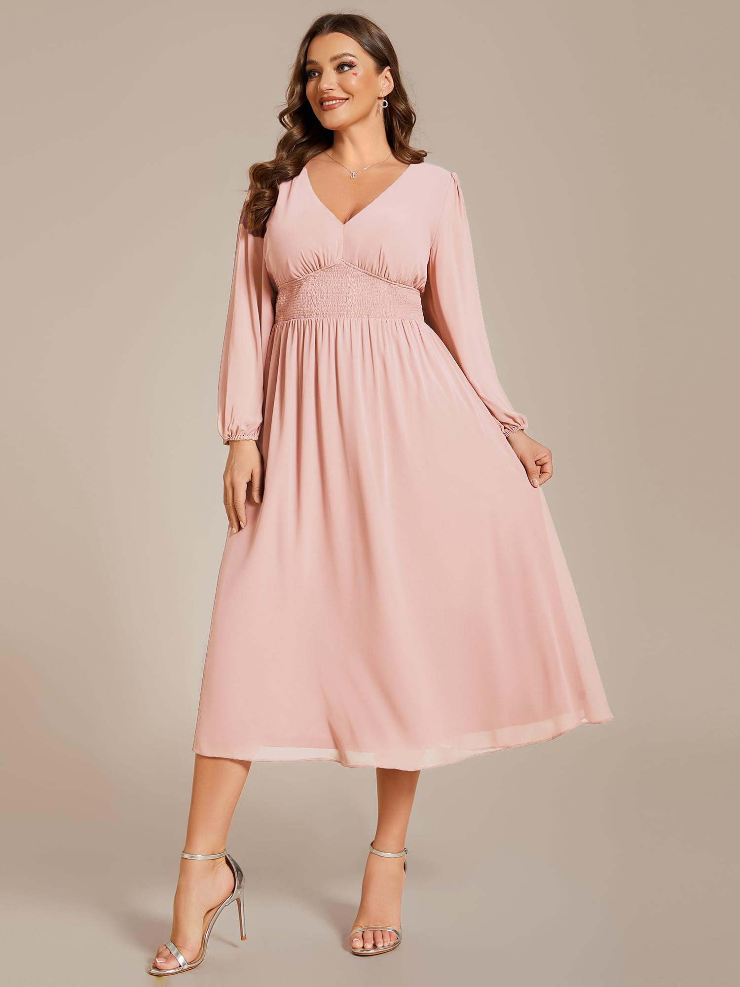Ever-Pretty Women's Plus Size A-Line V-Neck Lantern Sleeve Midi Formal Dress for Curvy Women 01929-DA | Elegant Wedding Guest & Cocktail Party Attire