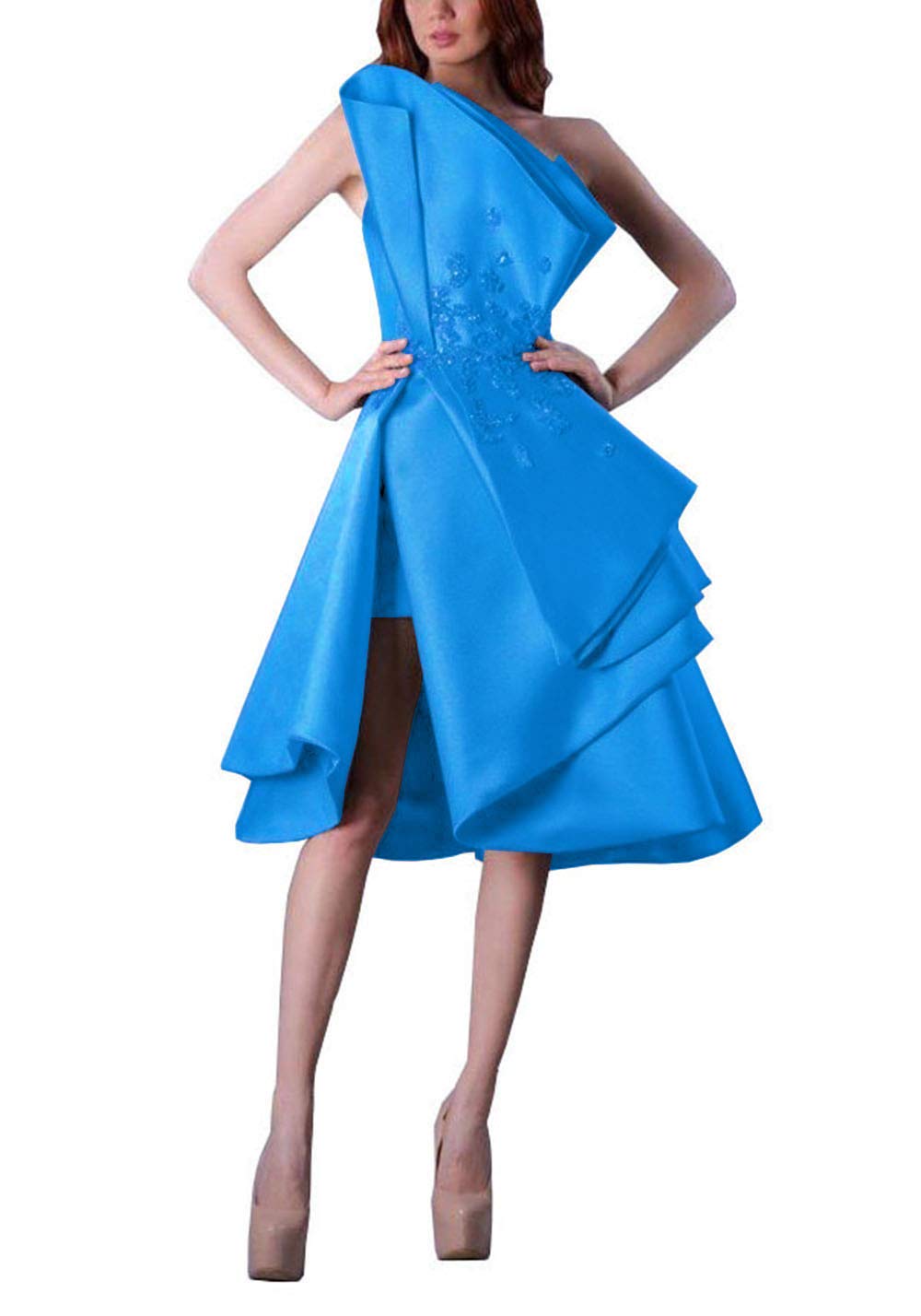 Elegant Blue Satin Knee-Length Party Dress for Women - Applique Layered Prom Gown, Clubwear & Special Occasion Outfit | Perfect for Prom Night, Cocktail Parties & Evening Events