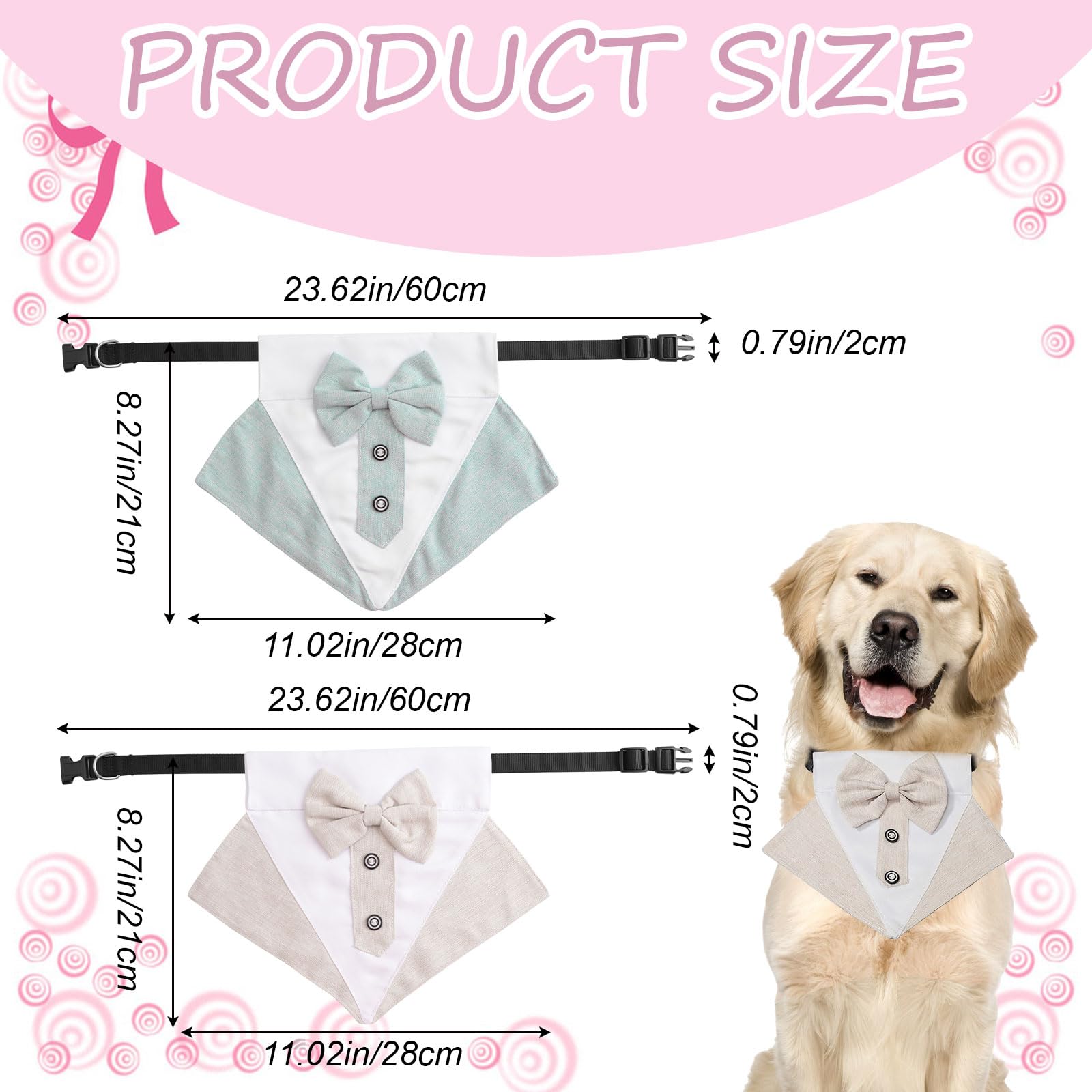 2 PCS Adjustable Dog Tuxedo Bandana Collar - Formal Wedding Bowtie Neckerchief for Large Dogs (Green & Khaki) - Perfect for Weddings, Parties & Special Occasions