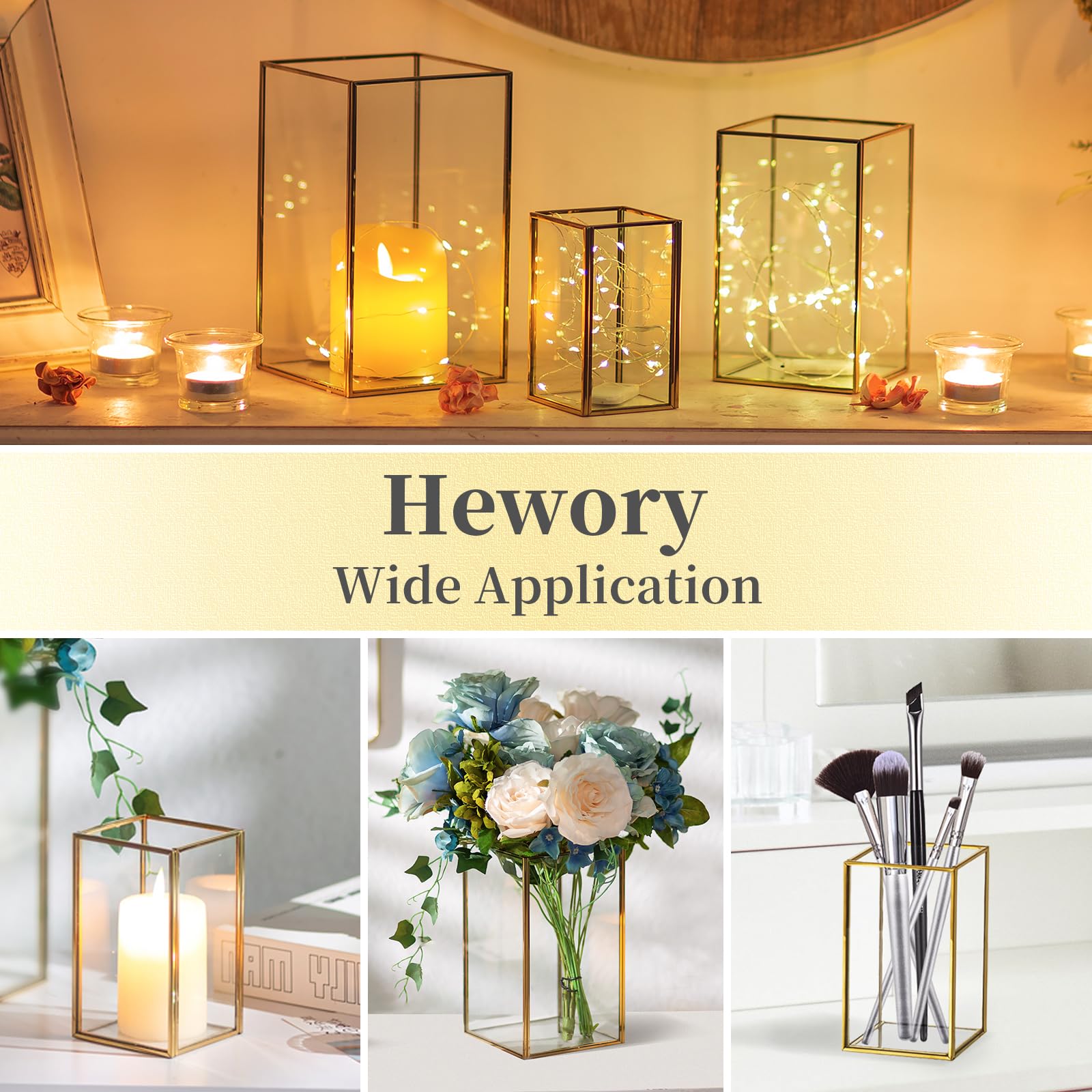 Hewory Glass Hurricane Candle Holder Set of 3 - Gold Metal Frame Square Clear Candle Holders for Wedding, Christmas, Engagement, Birthday Party Decor - Perfect for Table Centerpieces, Home Decor, and Romantic Ambiance