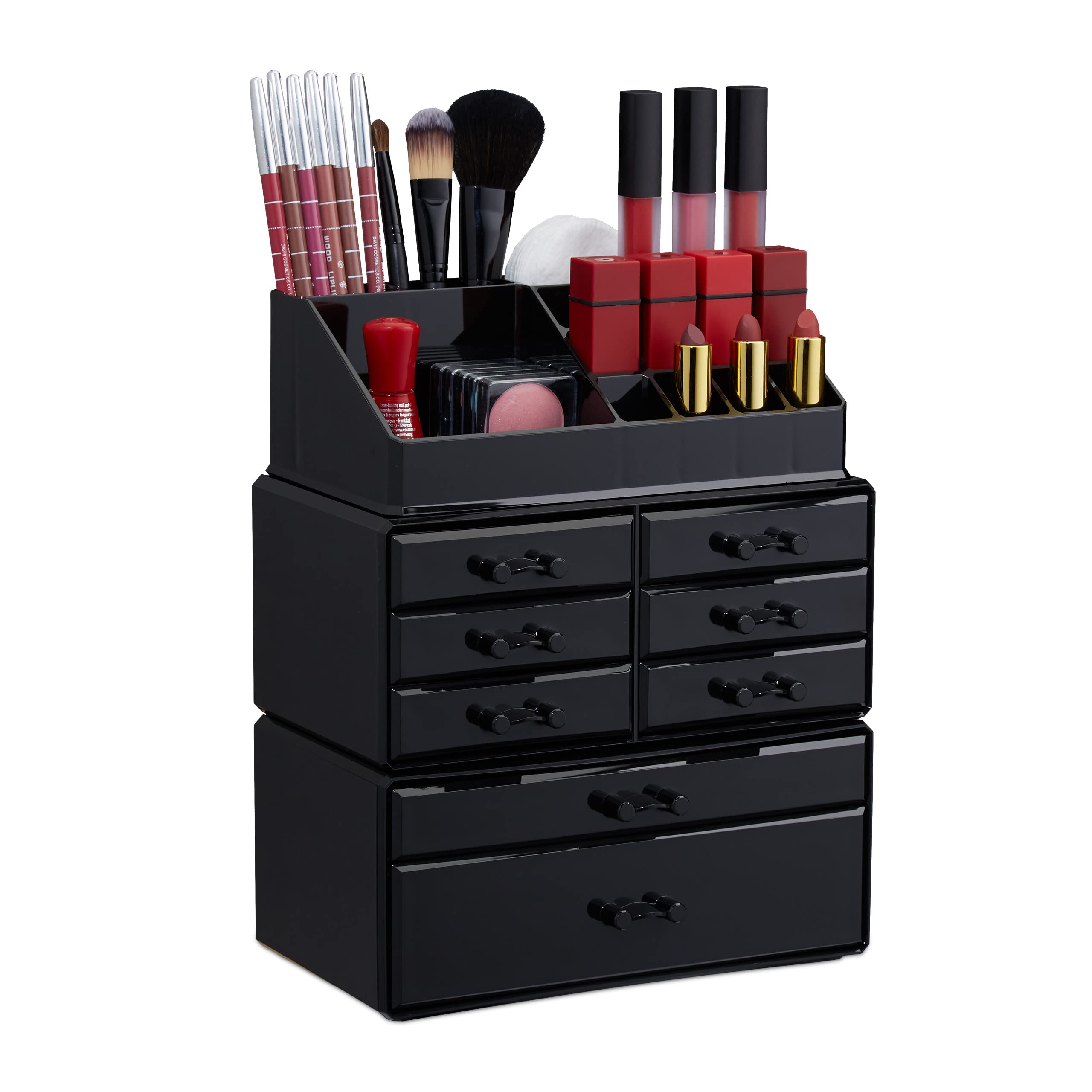 **Relaxdays Acrylic Makeup Organizer with Drawers - Stackable Jewelry & Cosmetic Storage Box, Black, 30 x 24 x 12 cm - Perfect for Vanity, Bathroom & Dorm Room Organization - Ideal for Makeup Brushes, Lipsticks, Rings & Small Accessories**