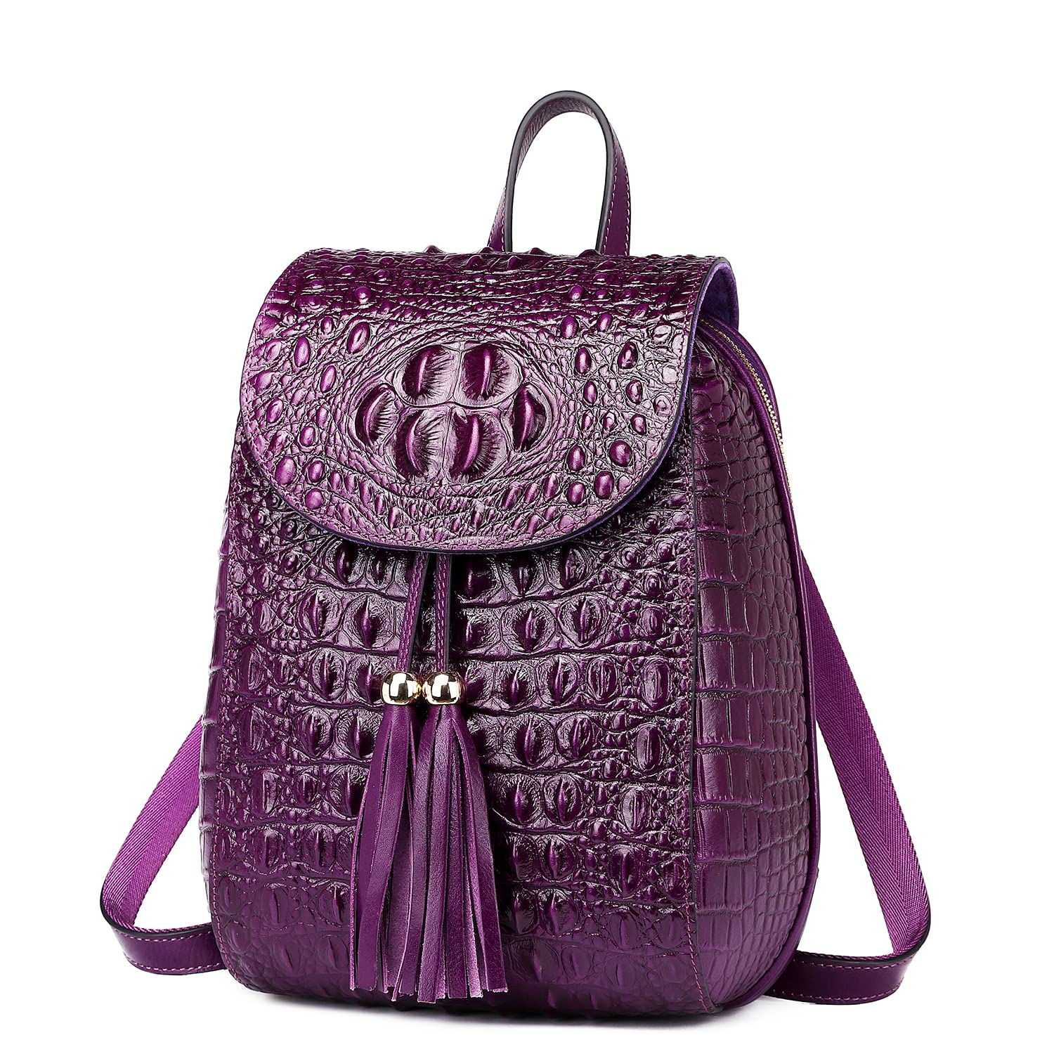 Genuine Leather Women's Small Backpack Purse - Designer Crocodile Embossed Handbag (Purple) for Travel, Work, and Daily Use