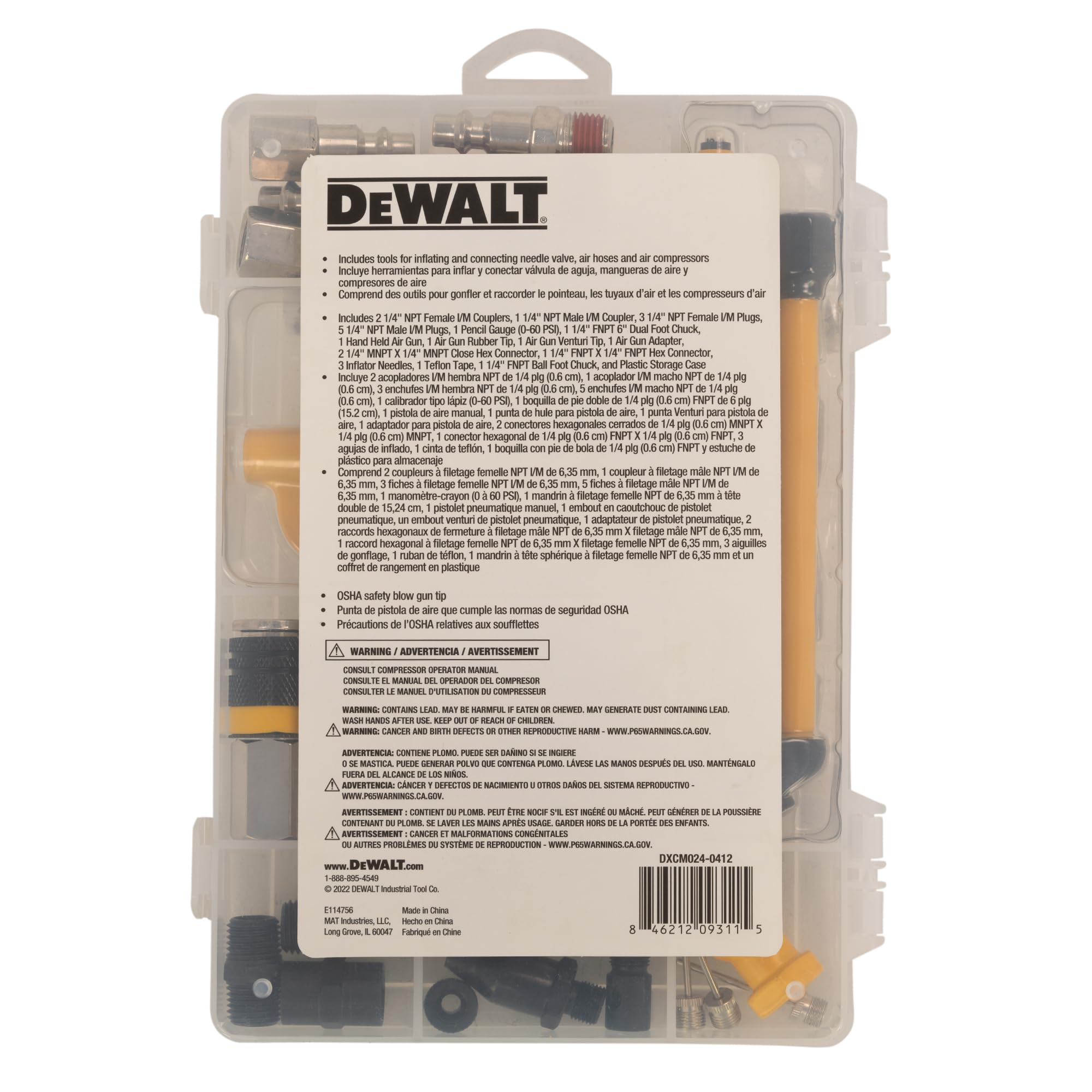 DEWALT 25-Piece Industrial Air Coupler and Plug Kit with Inflator, Analog Pressure Gauge & Hose - Perfect for Tire Inflation, Pneumatic Tools & Workshop Air Compressor Systems