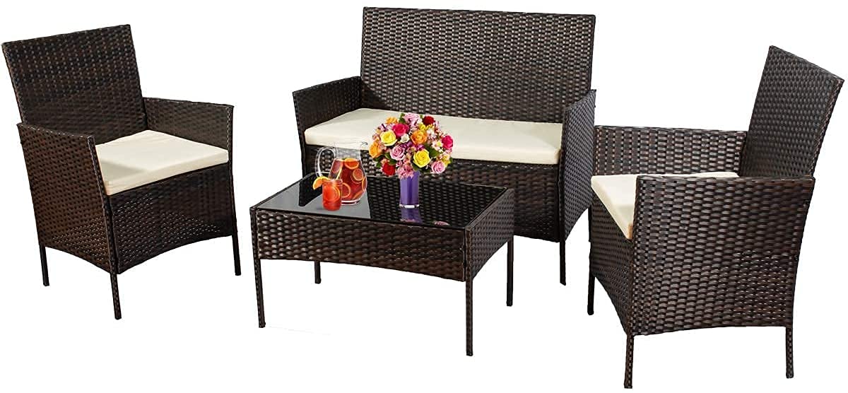 4-Piece Outdoor Patio Rattan Furniture Set with Cushions - Weather-Resistant Wicker Conversation Set for Balcony, Garden, or Indoor Use - Includes Coffee Table & Chairs for Relaxing & Entertaining