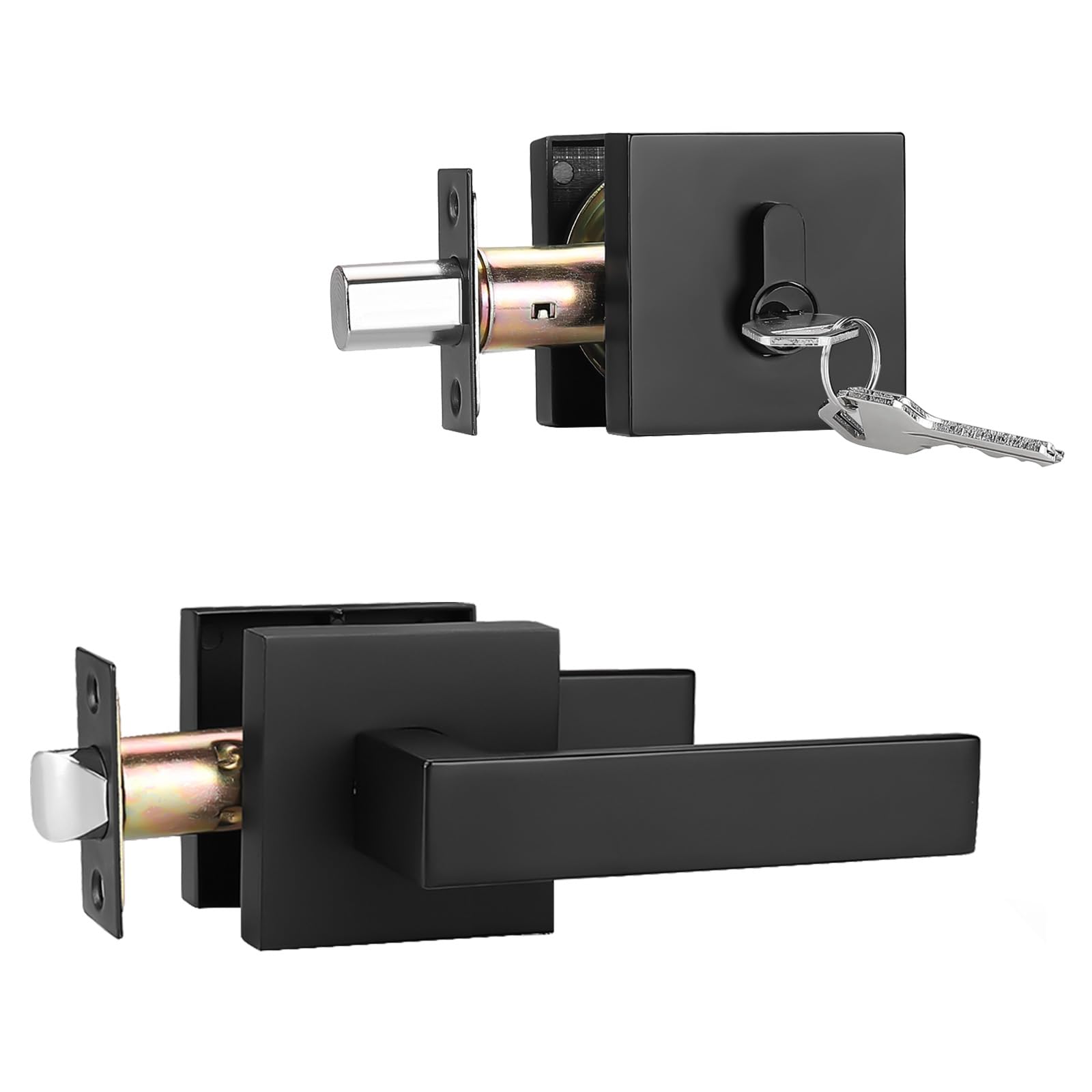 1 Pack Matte Black Keyed Entry Door Lock with Deadbolt Set - Reversible Passage Lever & Double Cylinder Deadbolt - Square Handleset for Bedroom, Front Door, Apartment Security (Easy Installation, Durable Construction) - Perfect for Home, Office & Rental Property Security Upgrades