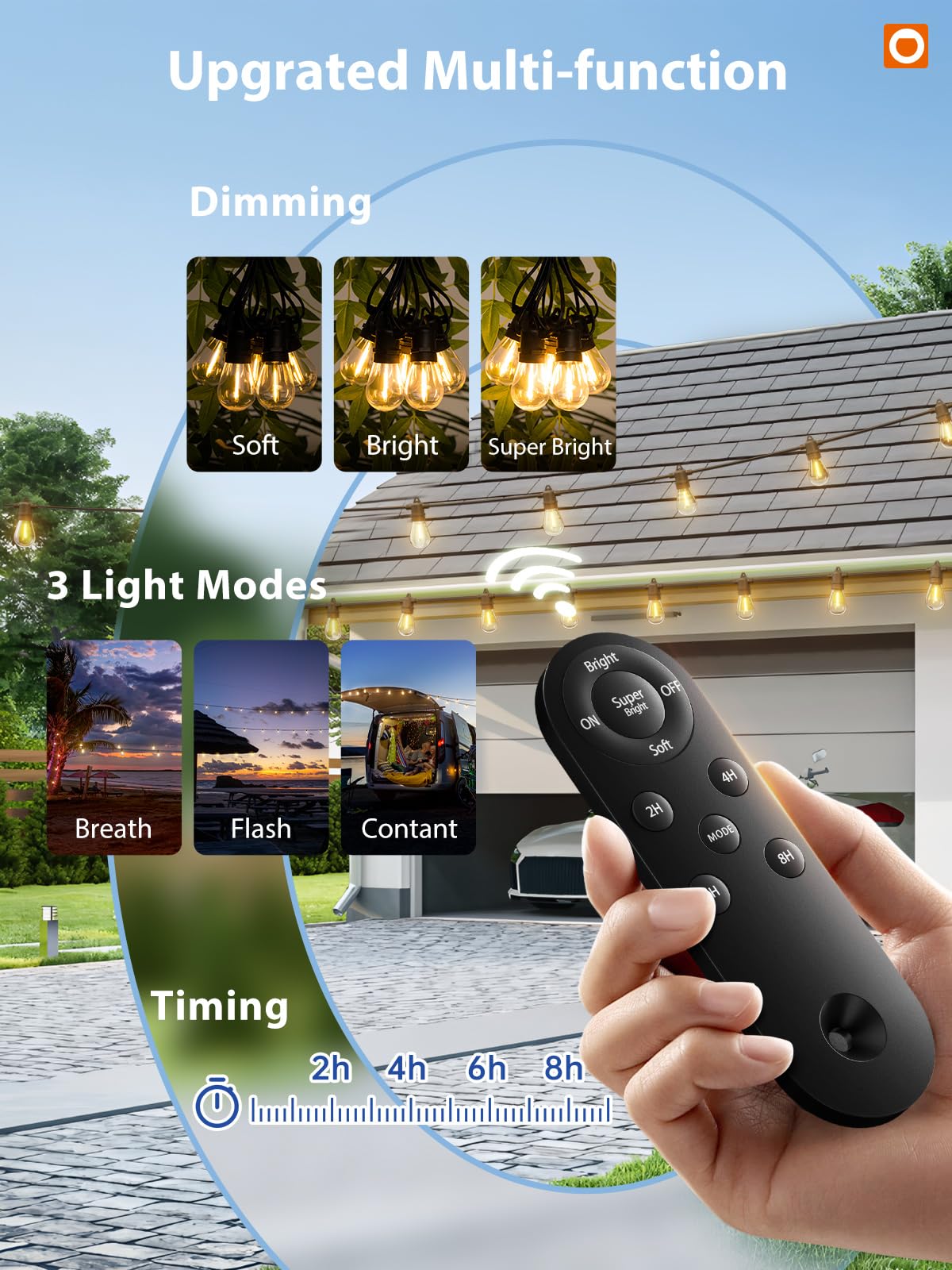 Addlon 104FT Solar String Lights Outdoor Waterproof - 98FT+6FT USB Powered with Remote Control, 34 LED Dimmable Bulbs for Patio, Garden, Deck, Halloween & Christmas Decorations - Perfect for Backyard, Wedding, Party Lighting