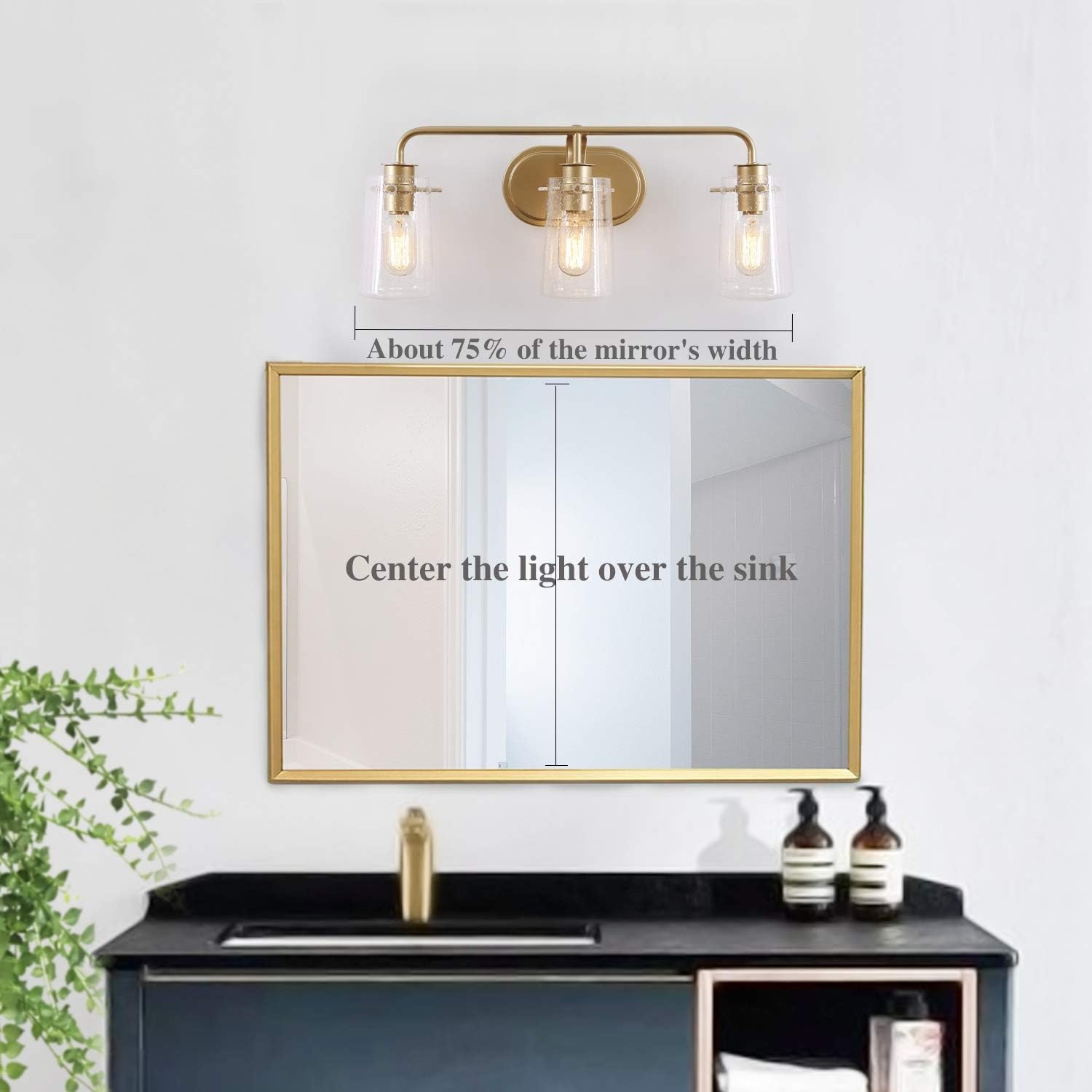 KSANA Gold Vanity Lights - 3-Light Modern Bathroom Light Fixture with Seeded Glass Shade for Elegant Bathroom & Dressing Room Lighting