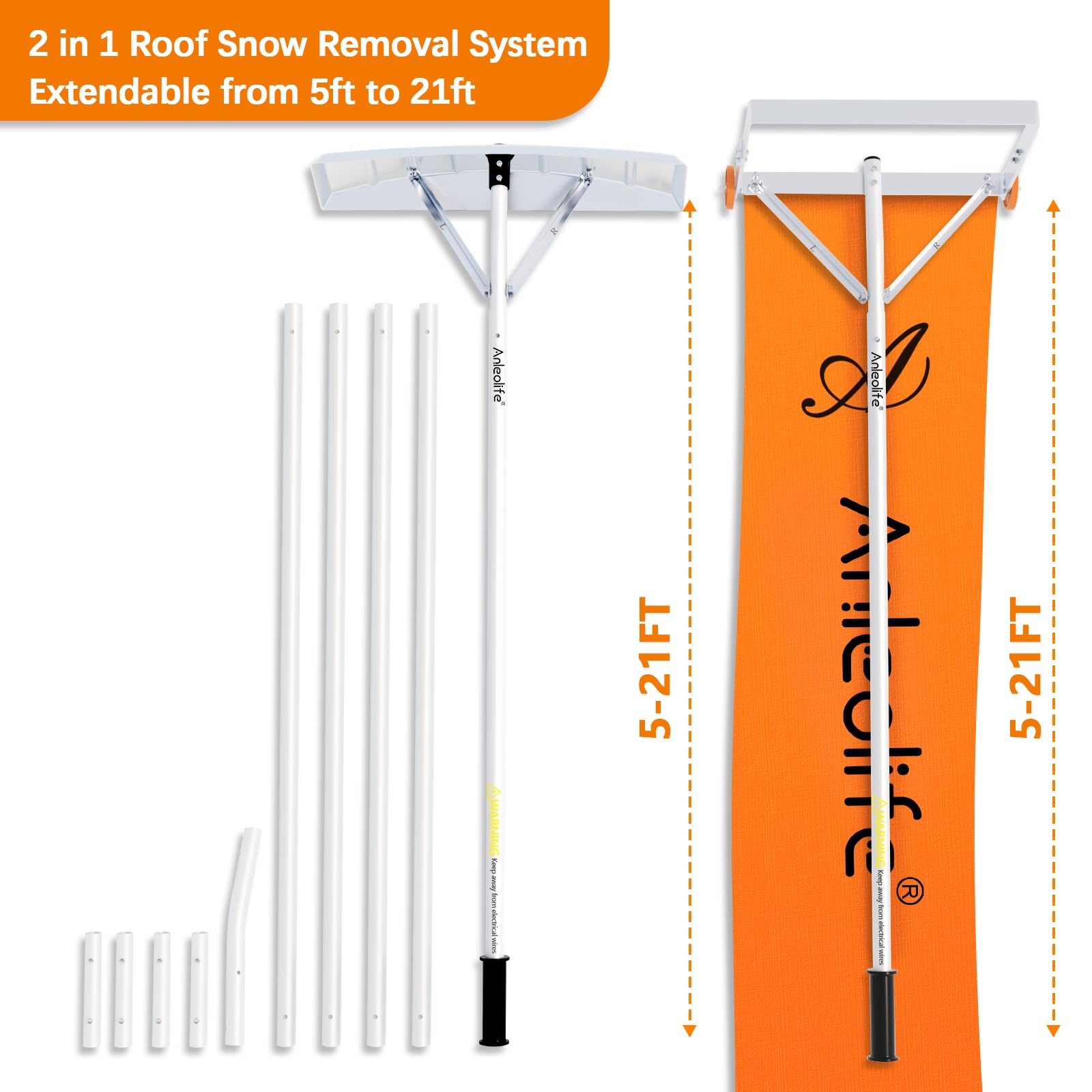 ANLEOLIFE ANS1000 2-in-1 Telescopic Roof Snow Rake & Heavy Duty Shovel Combo - Extendable Aluminum Snow Removal Tool for Asphalt Shingle, Tile, Metal & Solar Panel Roofs - Perfect for Winter Home Maintenance & Roof Protection