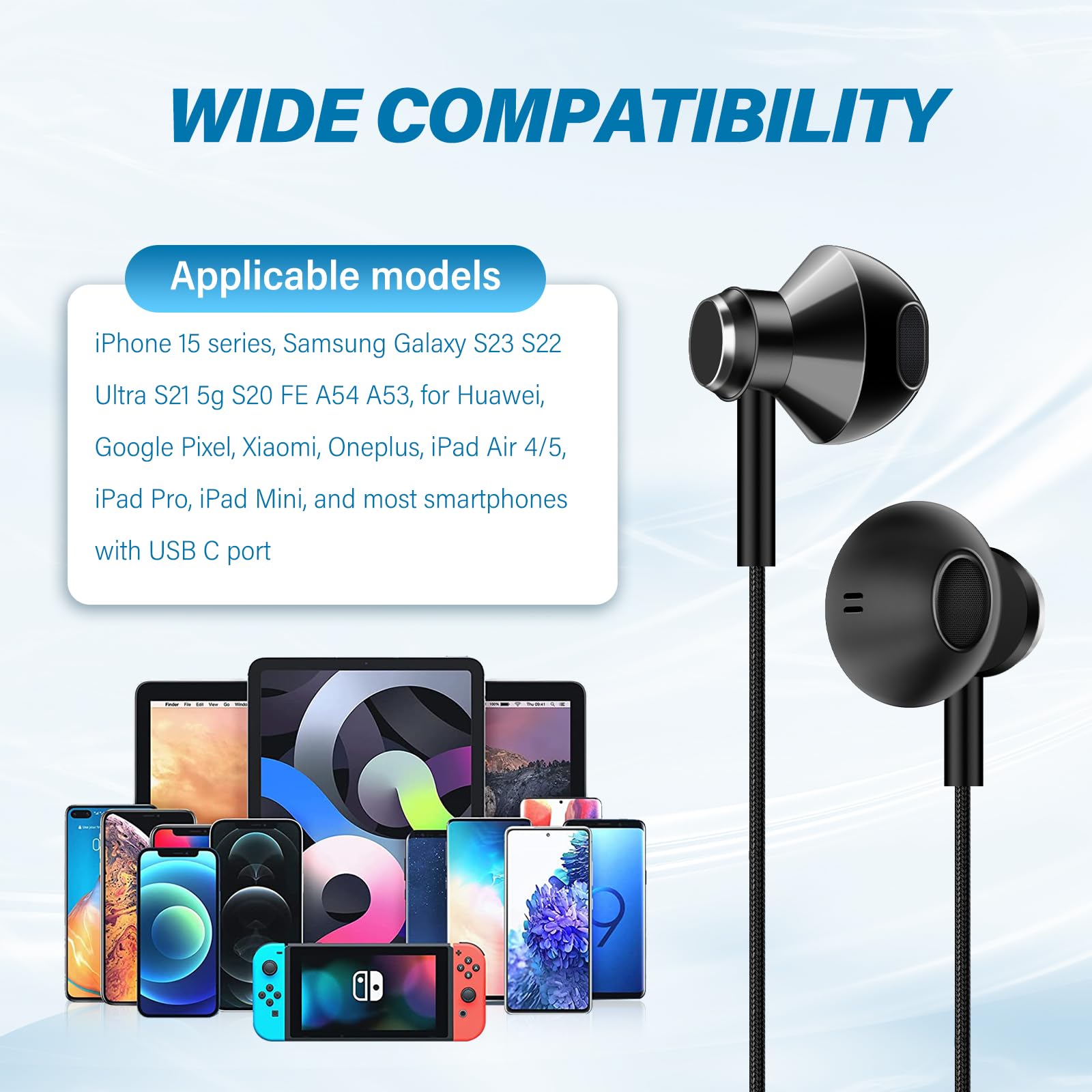 USB-C Earbuds with Mic & Volume Control - Hi-Res In-Ear Headphones for iPhone 16/15 Pro Max, iPad, Samsung Galaxy S24/S23 Ultra/S22, Google Pixel & Motorola | Noise Isolating Fabric Cable for Commuting, Workouts & Gaming