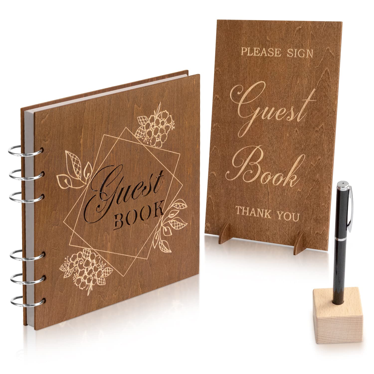 Premium Creawoo Wooden Wedding Guest Book Set - Hardcover Memory Album with 90 White Pages, Table Sign, Pen & Holder - Perfect for Weddings, Baby Showers, Birthdays & Bridal Showers - Elegant Guest Registry for Reception, Anniversary & Special Events