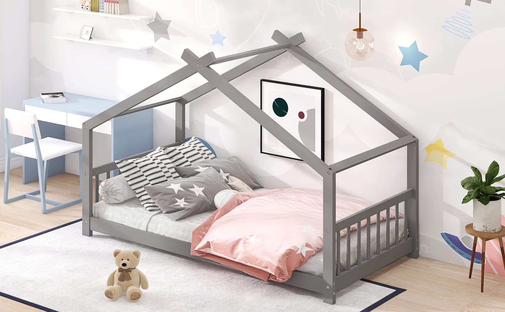 Modern Twin Size Wooden House Platform Bed Frame with Roof, Headboard & Footboard - Easy Assembly, Solid Wood Support for Kids Bedroom - No Box Spring Needed - Gray - Perfect for Boys & Girls Bedrooms, Playrooms & Cozy Sleep Spaces