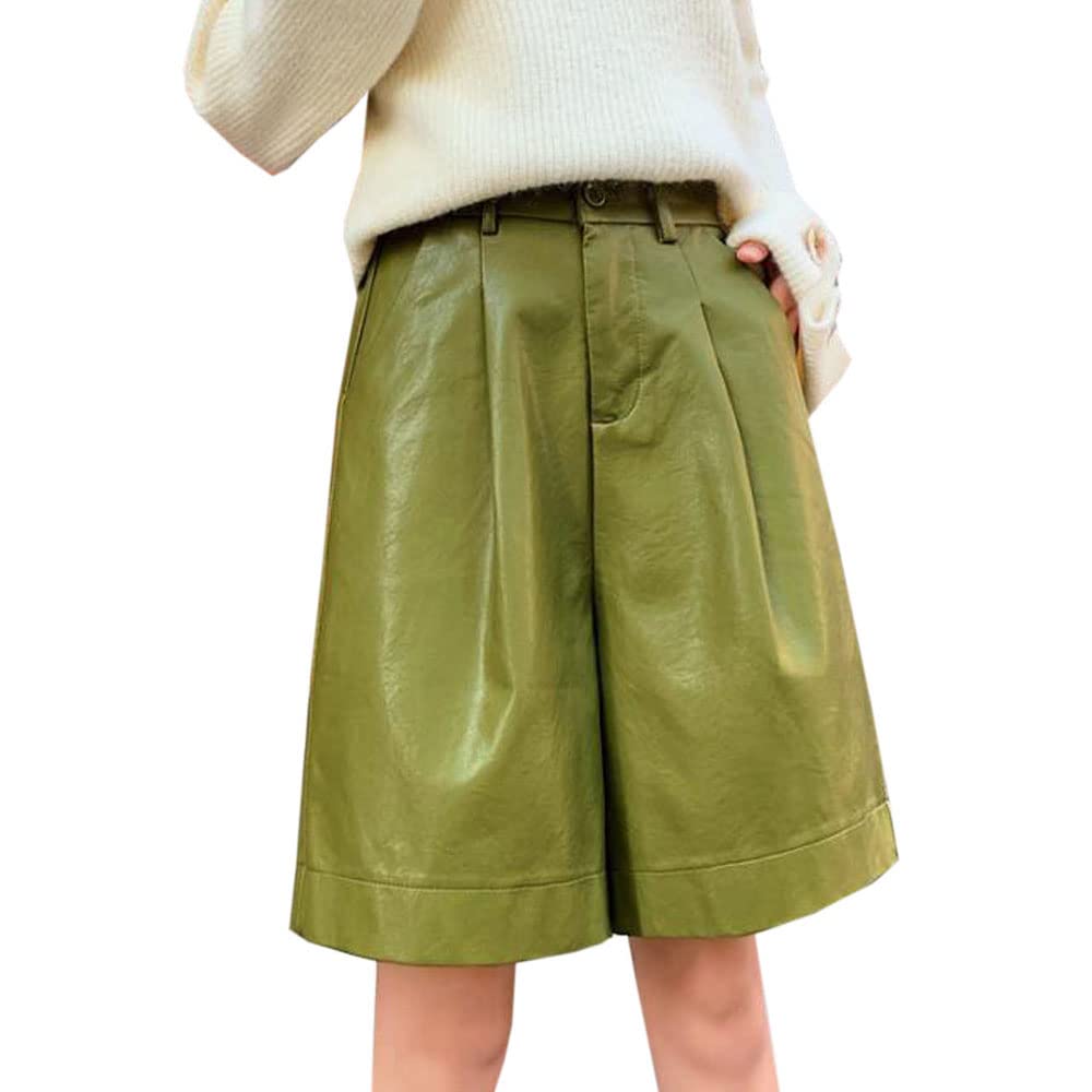 Y2K Women's High Waist Faux Leather Bermuda Shorts - Vintage Wide Leg PU Leather Shorts with Pockets | Casual Loose Fit for Streetwear, Clubbing & Retro Fashion Outfits