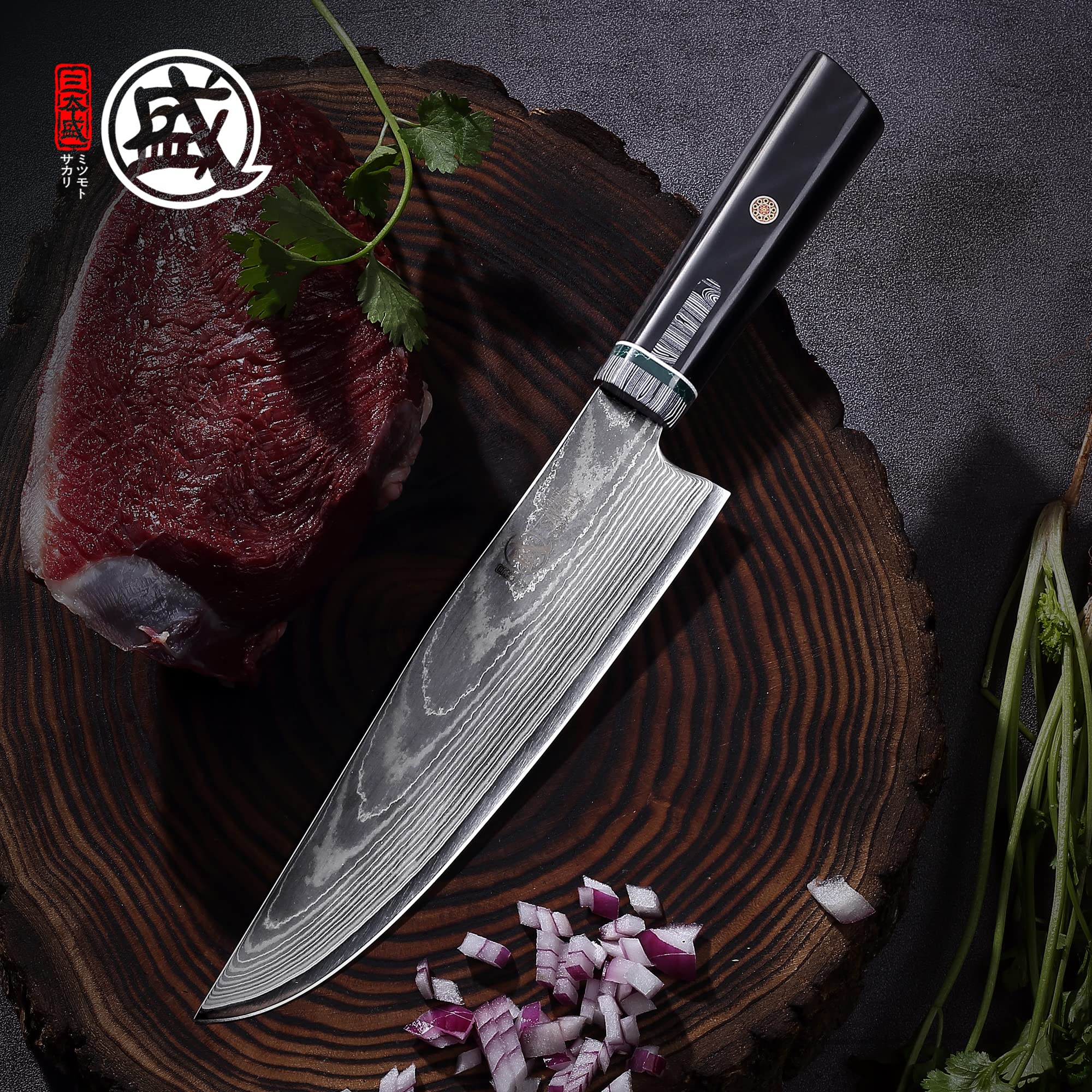 MITSUMOTO SAKARI 7-inch Japanese Gyuto Chef Knife - Hand-Forged Damascus HAP40 Steel Powder Professional Kitchen Knife with Micarta Handle & Wooden Box - Perfect for Sushi, Meat Cutting & Precision Cooking