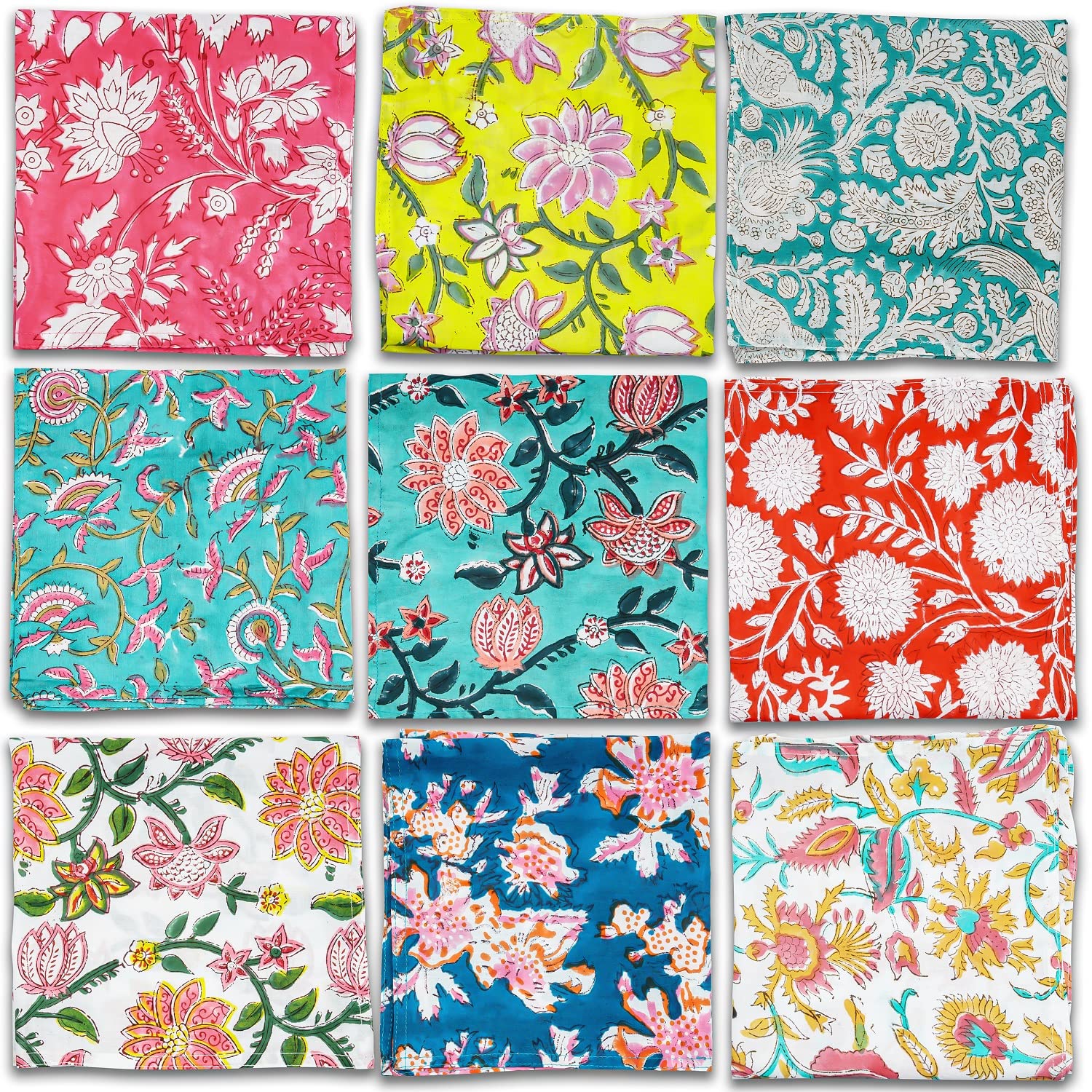 REYNOSO HOME DECOR Cotton Cloth Napkins Set of 10 - 16x16 Inch Hand Block Printed Kitchen & Dining Table Linens - Perfect for Dinner Parties, Holiday Gatherings & Everyday Use