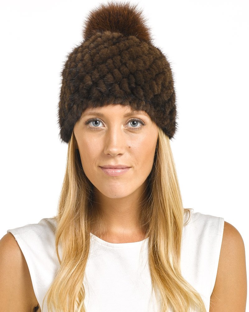 FrR Ciara Knit Mink Beanie with Fox Fur Pom Pom - Winter Warm Hat for Women, Outdoor Activities & Fashion Accessory
