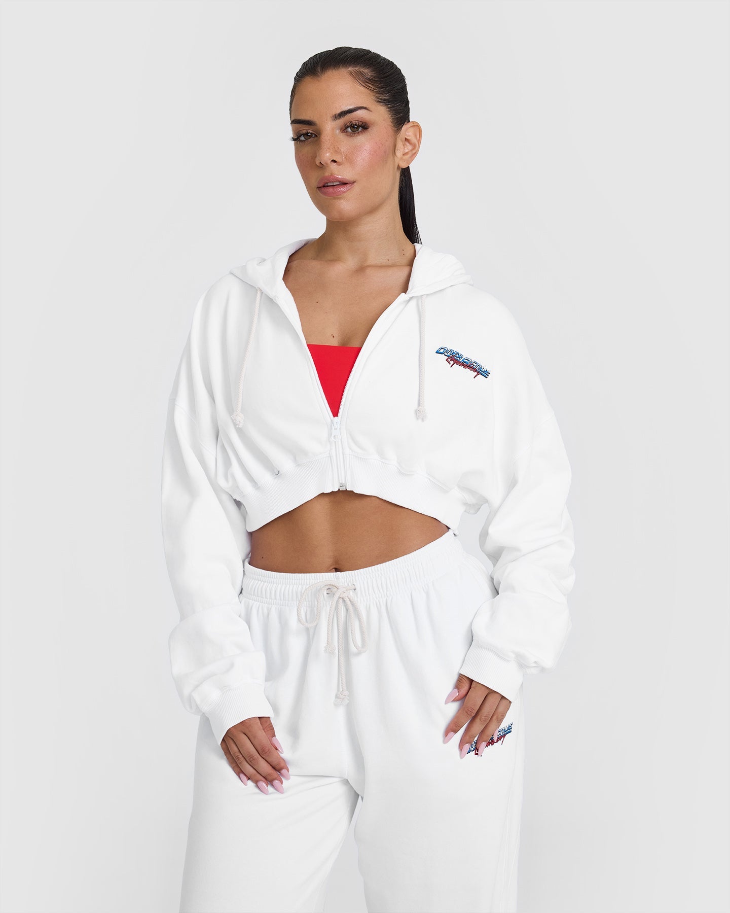 Raw Lounge Crop Zip Through Graphic Hoodie for Women | White | Casual Streetwear & Loungewear for Everyday Comfort
