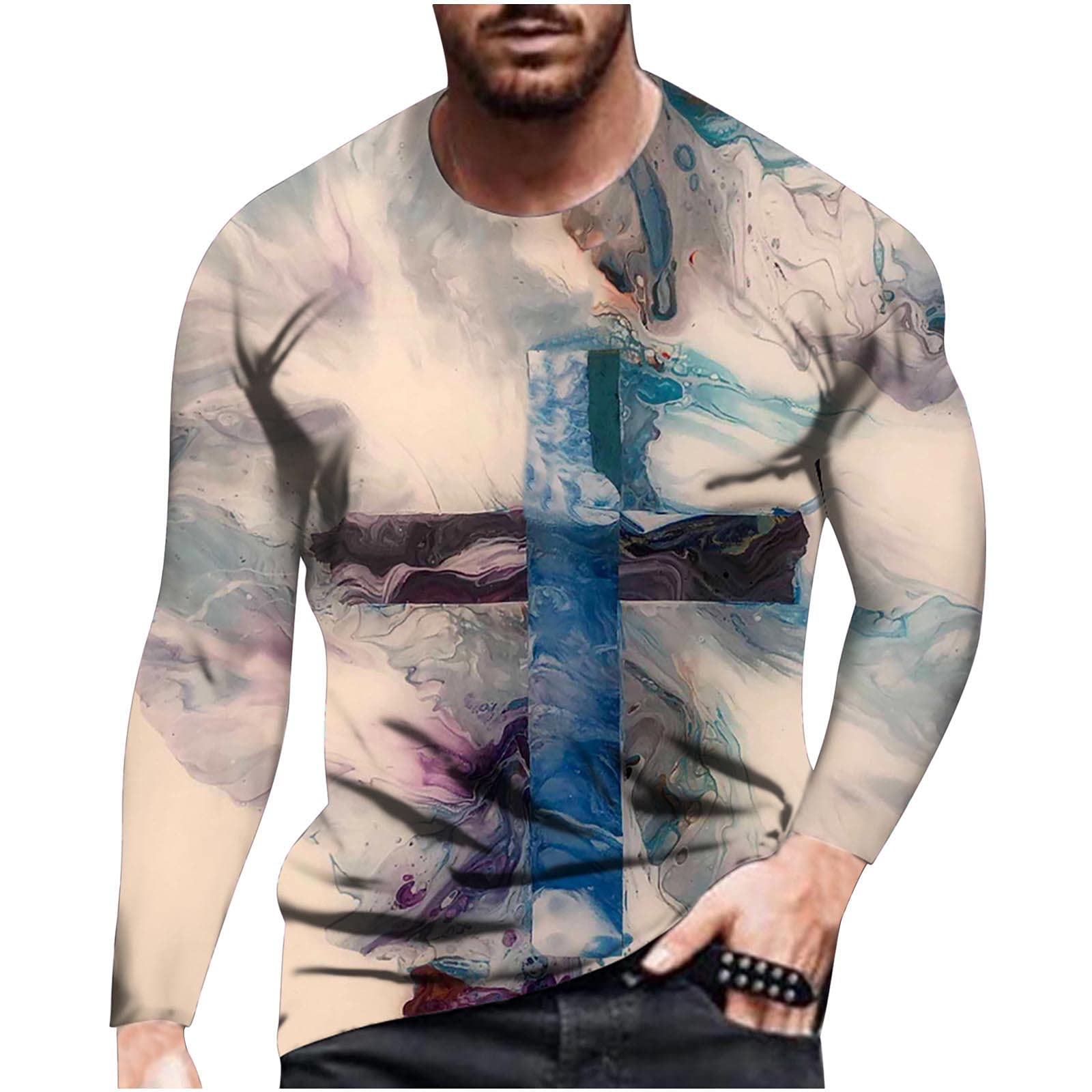 Funny 3D Faith Jesus Cross Print Men's Long Sleeve T-Shirt - Athletic Workout Top & Streetwear Blouse - Perfect for Church, Gym & Casual Wear