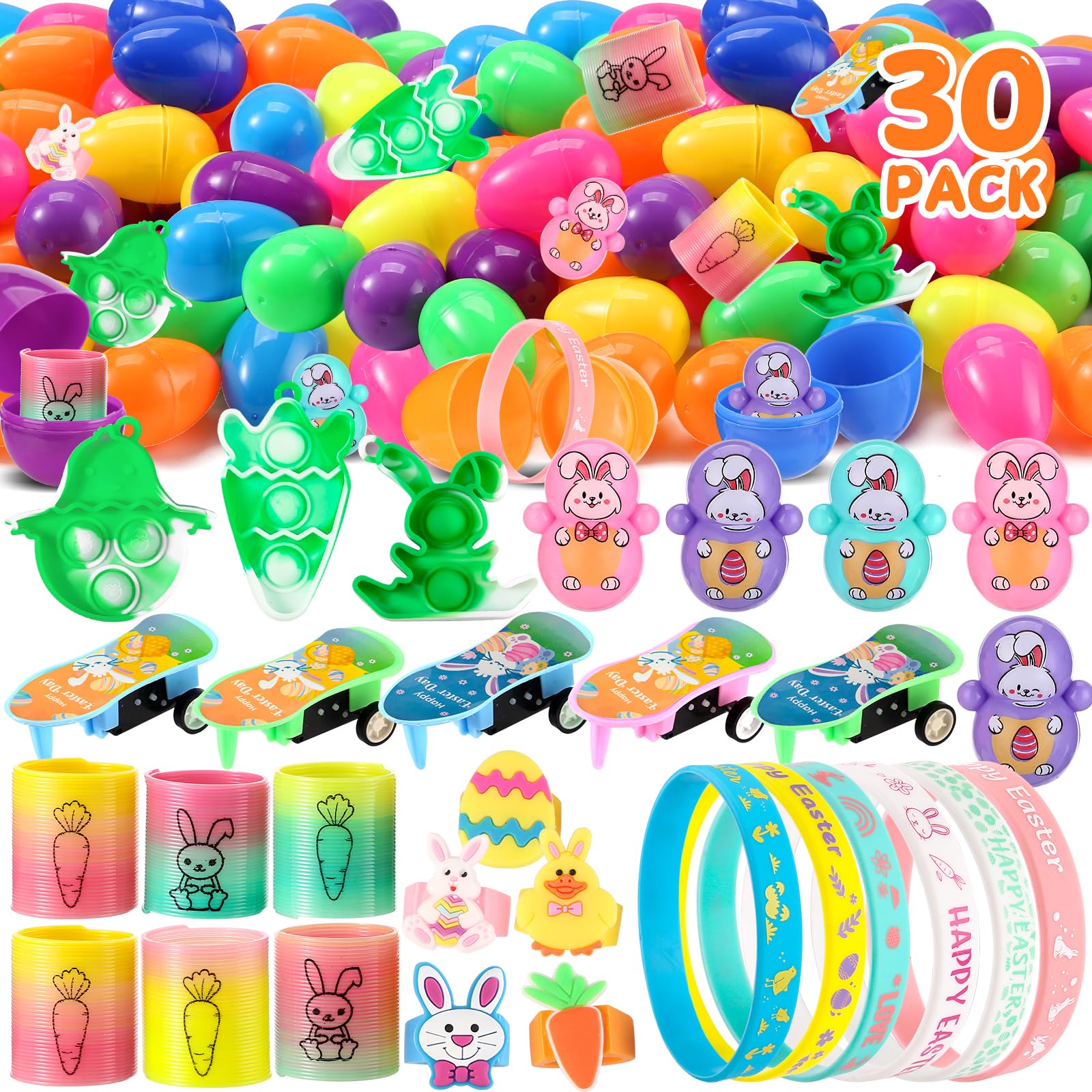 30Pcs Plastic Easter Eggs Fillers with Small Toys - Bulk Easter Basket Stuffers for Kids, Party Favors, Goodie Bags & Classroom Treasure Box Gifts - Perfect for Easter Egg Hunts, School Rewards & Holiday Celebrations