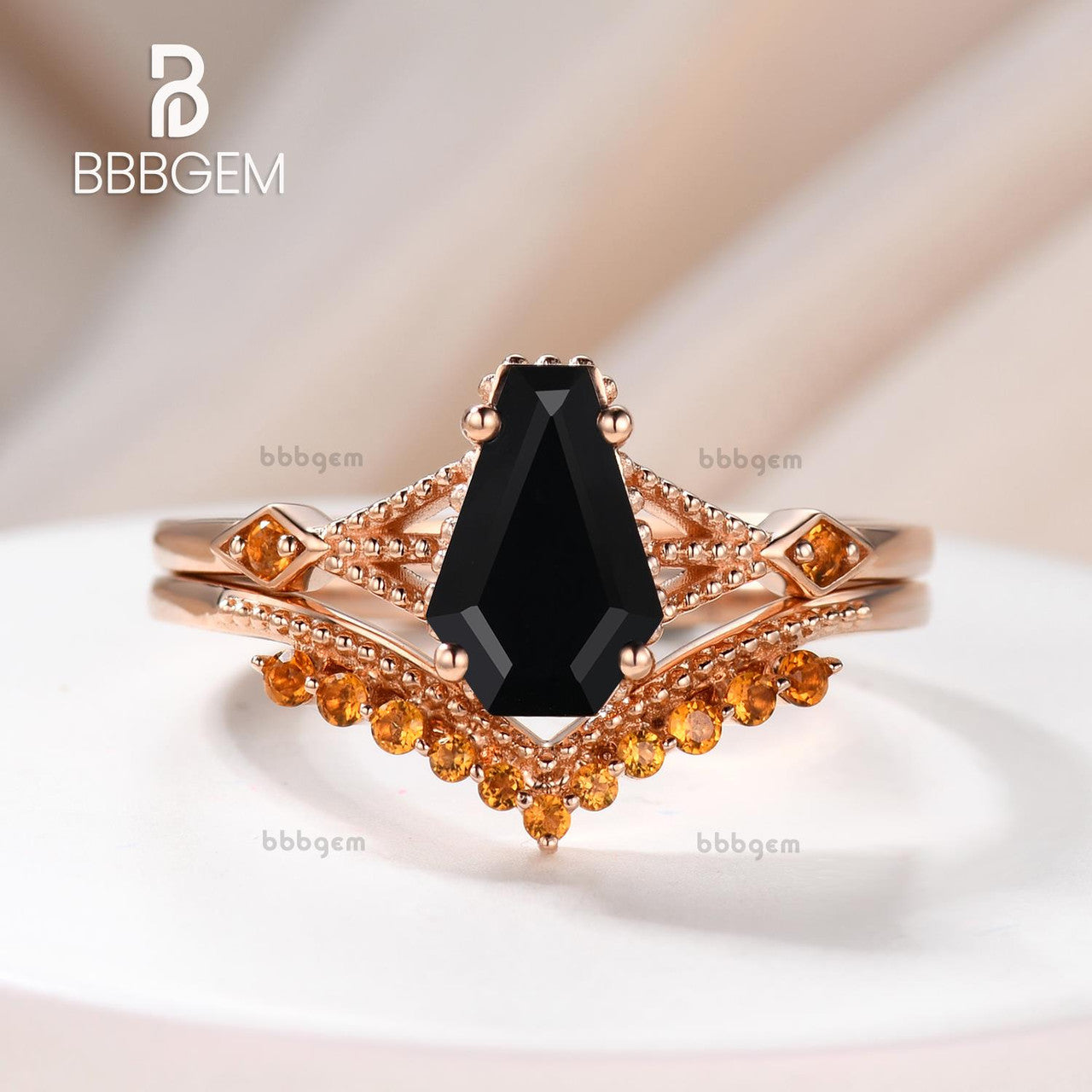 Him Black Spinel Coffin Wedding Ring Set with Yellow Citrine Milgrain Curve Band in Gold - Elegant Gothic Bridal Jewelry for Alternative Weddings & Dark Romance