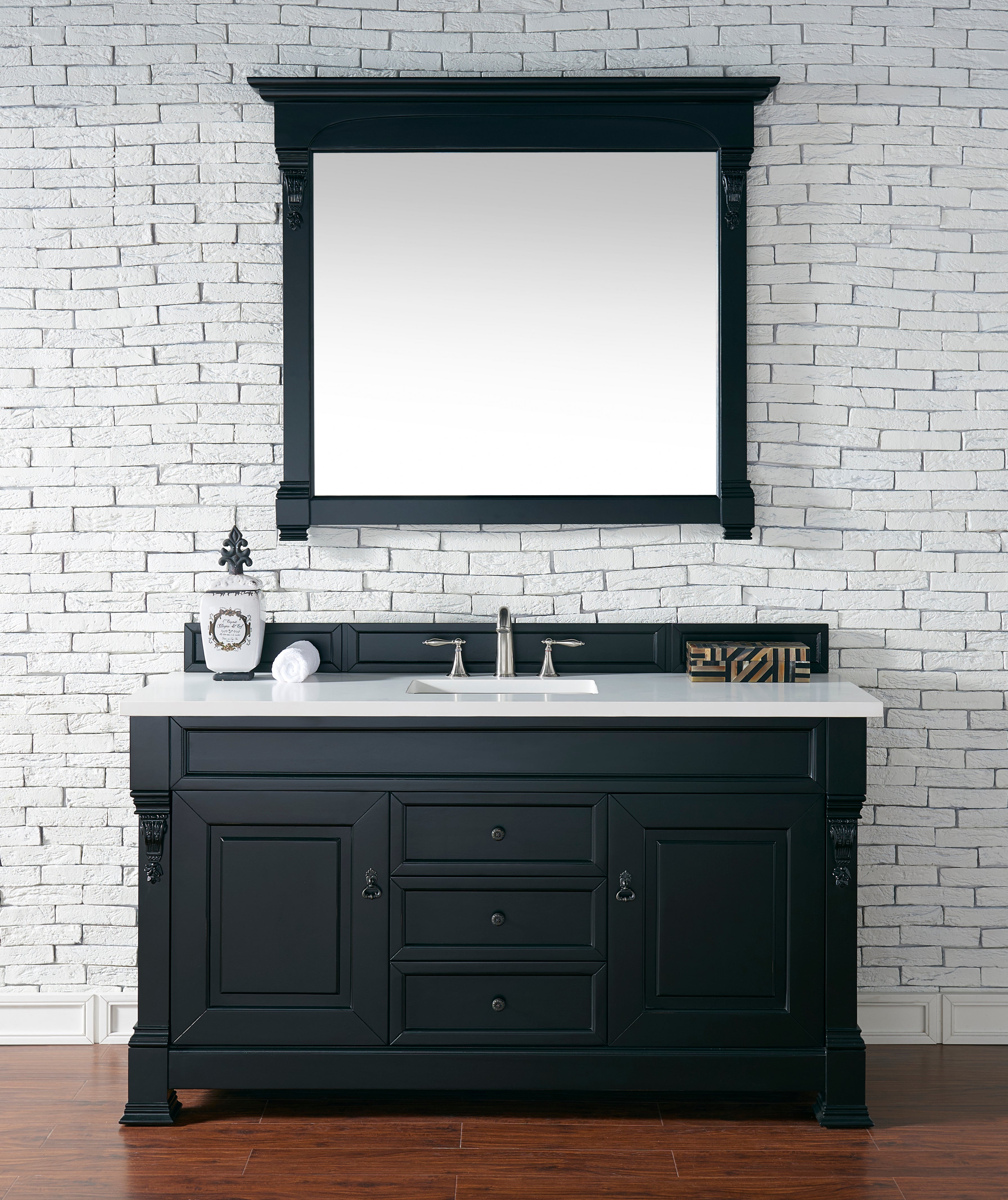 Brookfield 60 Inch Single Bathroom Vanity Set - Antique Black Finish with 3CM White Zeus Quartz Countertop | Perfect for Modern & Traditional Bathrooms