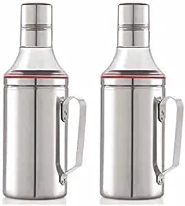 ATROCK 1L Stainless Steel Oil Dispenser with Handle - 2-Piece Silver Oil Bottle Set for Kitchen, Restaurant & Bar | Durable Oil Pourer, Container & Can for Cooking, Salad Dressing & Frying