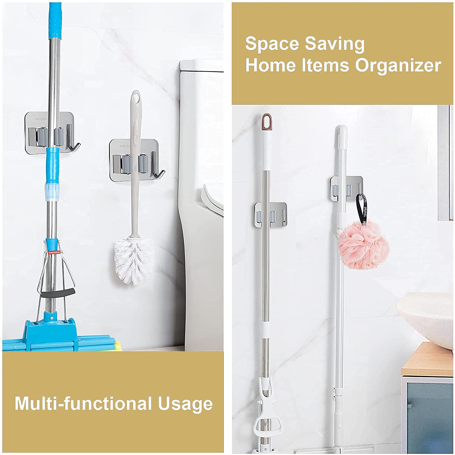 3PCS Heavy Duty 304 Stainless Steel Broom Mop Holder Wall Mount - Durable Utility Storage Rack for Brooms, Mops & Tools - Perfect for Home, Office, Closet & Garden Organization