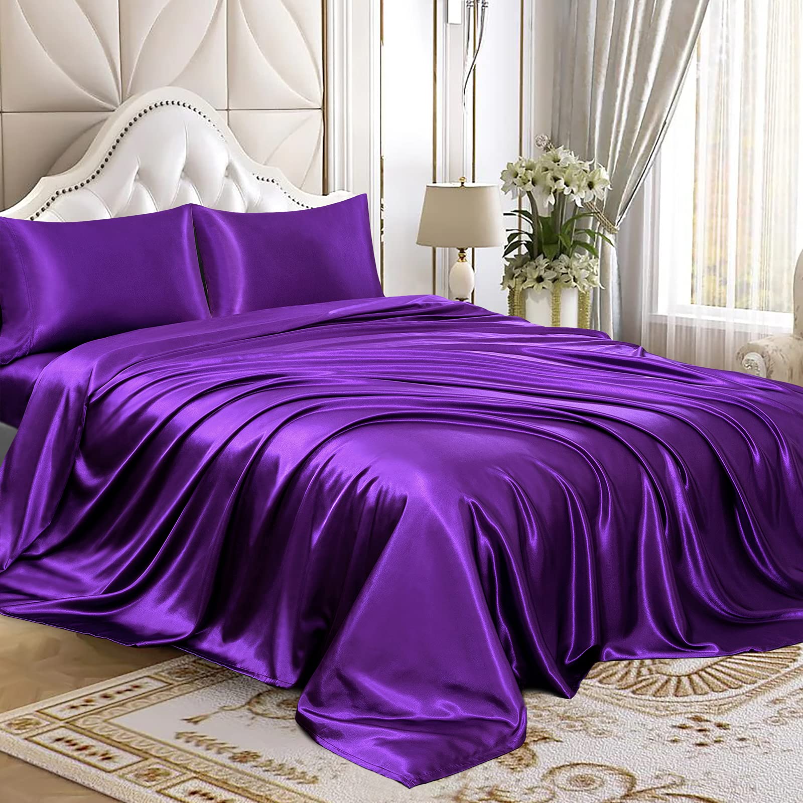 Luxurious Ultra Soft Silky Satin 6-Piece Bed Sheet Set - Queen Size, Wrinkle-Free & Breathable for Comfortable Sleep | Perfect for Master Bedroom, Guest Room & Hotel Use