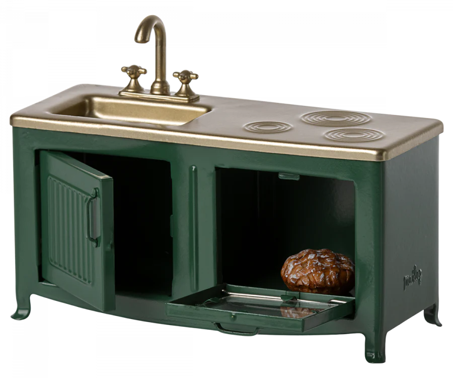 Maileg Miniature Kitchen Playset - Dark Green Mouse Theme | Pretend Play Toy for Kids, Dollhouse Accessories & Collectible Gift