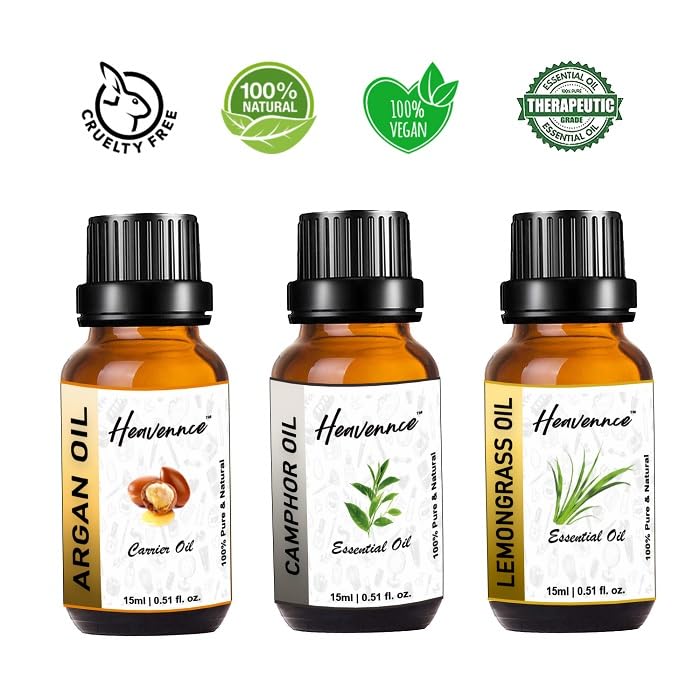Heavennce Argan Oil, Camphor Oil & Lemongrass Oil Combo Set - Vitamin E Enriched Anti-Aging Skin & Hair Moisturizer - 3 Pack (45ml Each) - Perfect for Daily Skincare Routine, Hair Treatment & Aromatherapy