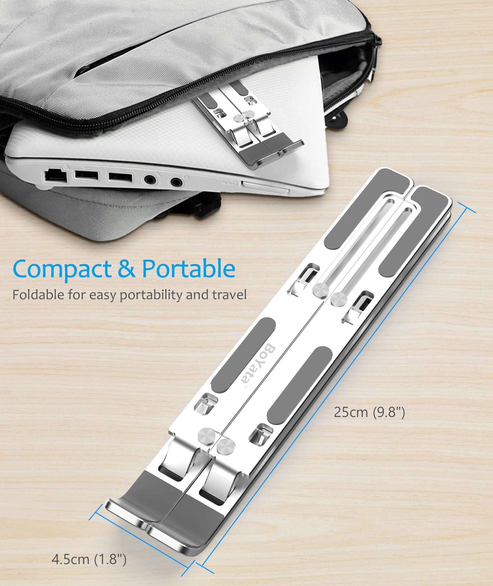 BoYata Aluminum Laptop Stand - Portable & Foldable Laptop Riser with 6 Adjustable Heights for MacBook, HP, Lenovo, Dell 10-15.6 Inch Laptops - Ergonomic Desk Stand for Home Office, Gaming & Workstation (Silver)