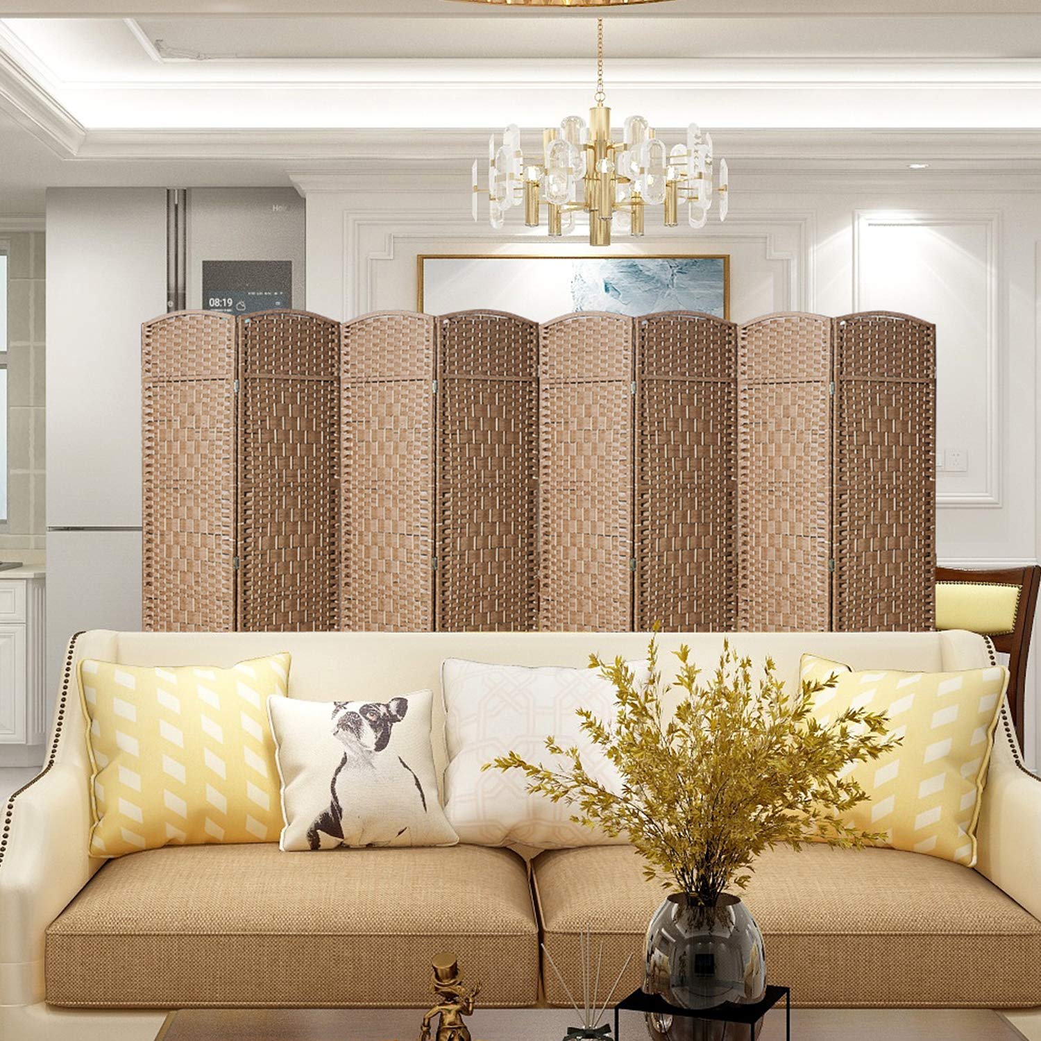 8 Panel Room Divider Screen - 6Ft Tall Extra Wide Folding Privacy Partition with Diamond Double-Woven Handcrafted Design for Bedroom, Office & Event Space Decoration