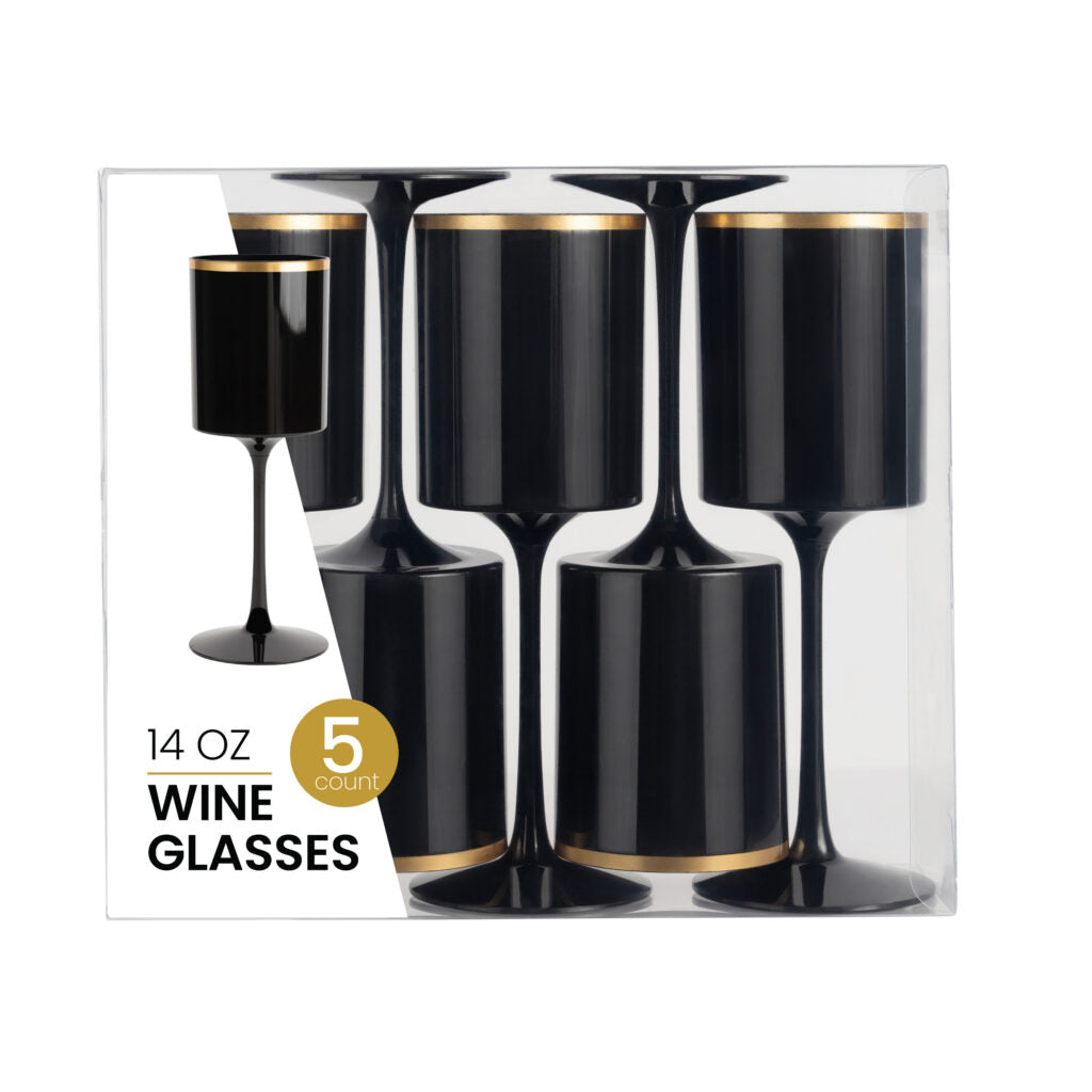 14 Oz Black and Gold Plastic Stemmed Wine Goblets - Set of 5 Shatterproof Cups for Parties, Weddings, and Outdoor Events